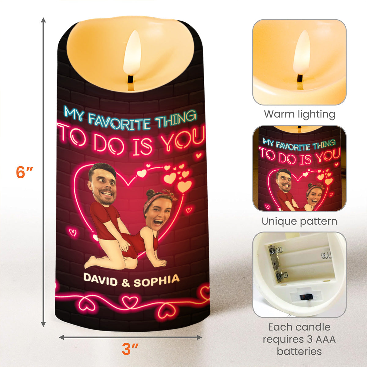 My Favorite Thing To Do Is You With Neon Hearts and Couple Portrait - Personalized Custom LED Candle - CPL258_LECA