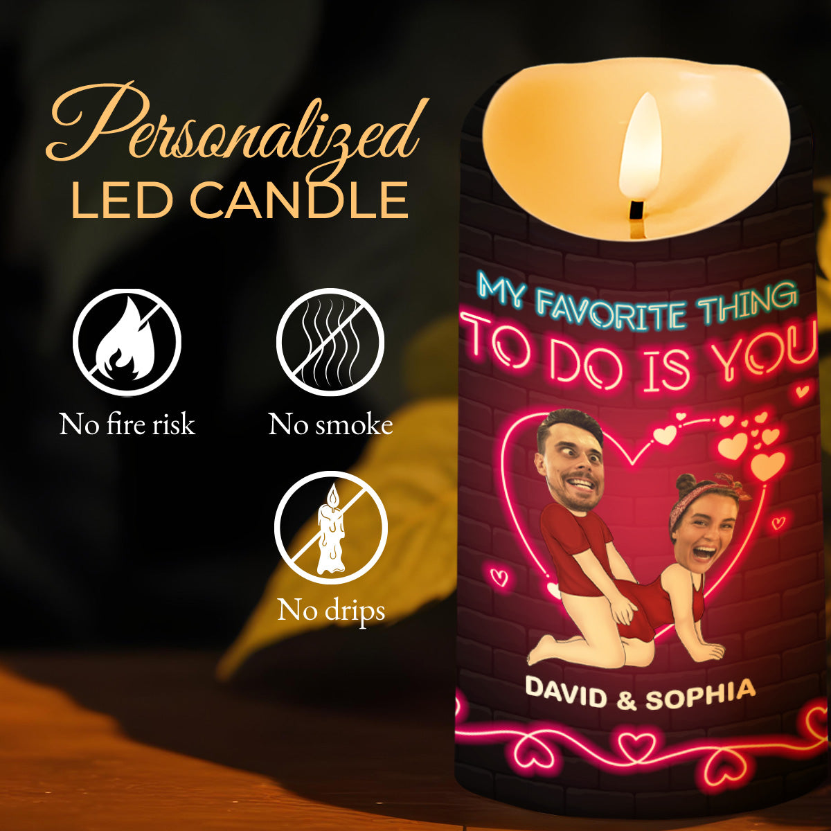 My Favorite Thing To Do Is You With Neon Hearts and Couple Portrait - Personalized Custom LED Candle - CPL258_LECA