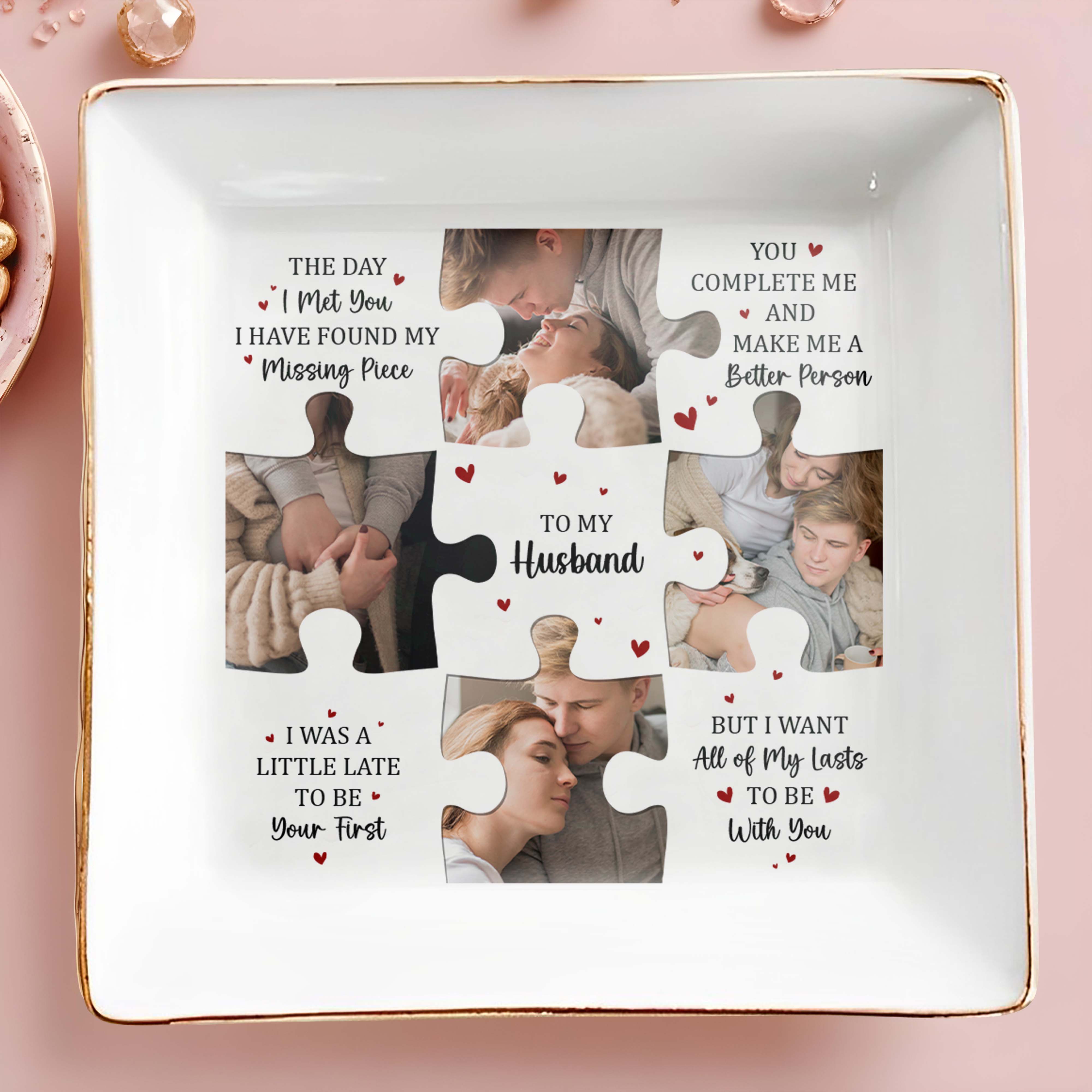 Missing Piece Puzzle Hearts Message To Husband - Personalized Custom Jewelry Dish, Square Ceramic Dish - CPL293_SCRD