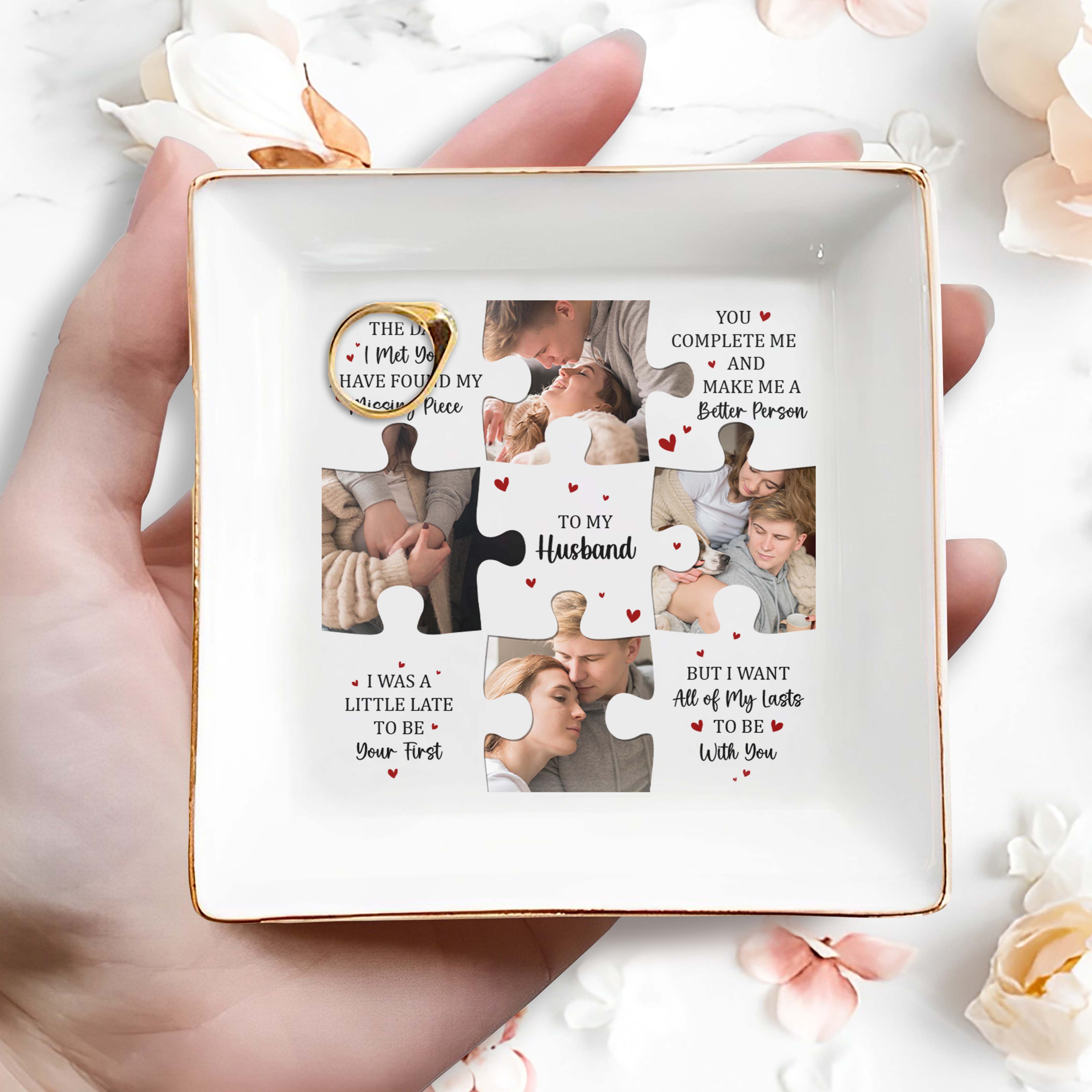Missing Piece Puzzle Hearts Message To Husband - Personalized Custom Jewelry Dish, Square Ceramic Dish - CPL293_SCRD