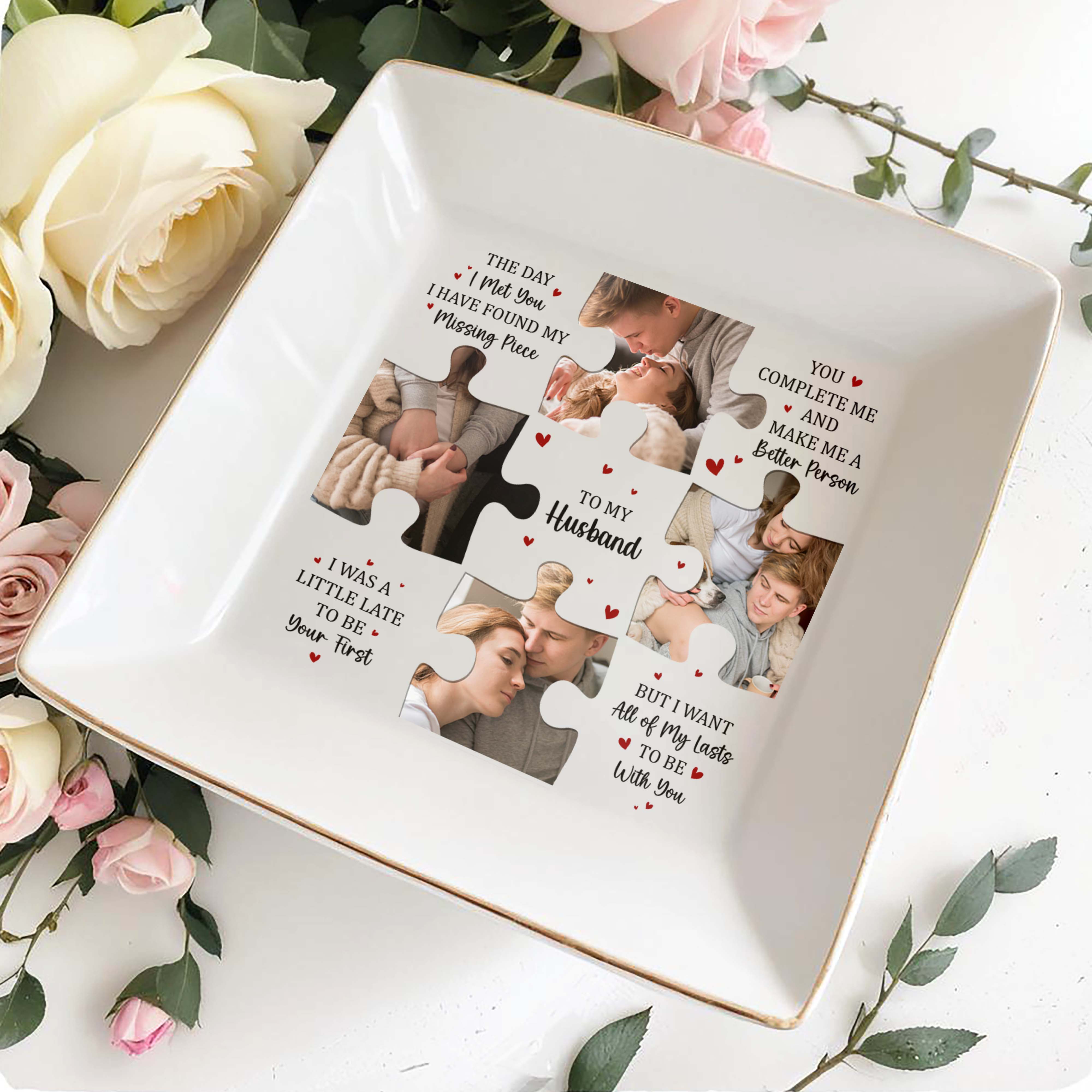 Missing Piece Puzzle Hearts Message To Husband - Personalized Custom Jewelry Dish, Square Ceramic Dish - CPL293_SCRD