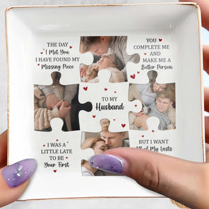 Missing Piece Puzzle Hearts Message To Husband - Personalized Custom Jewelry Dish, Square Ceramic Dish - CPL293_SCRD