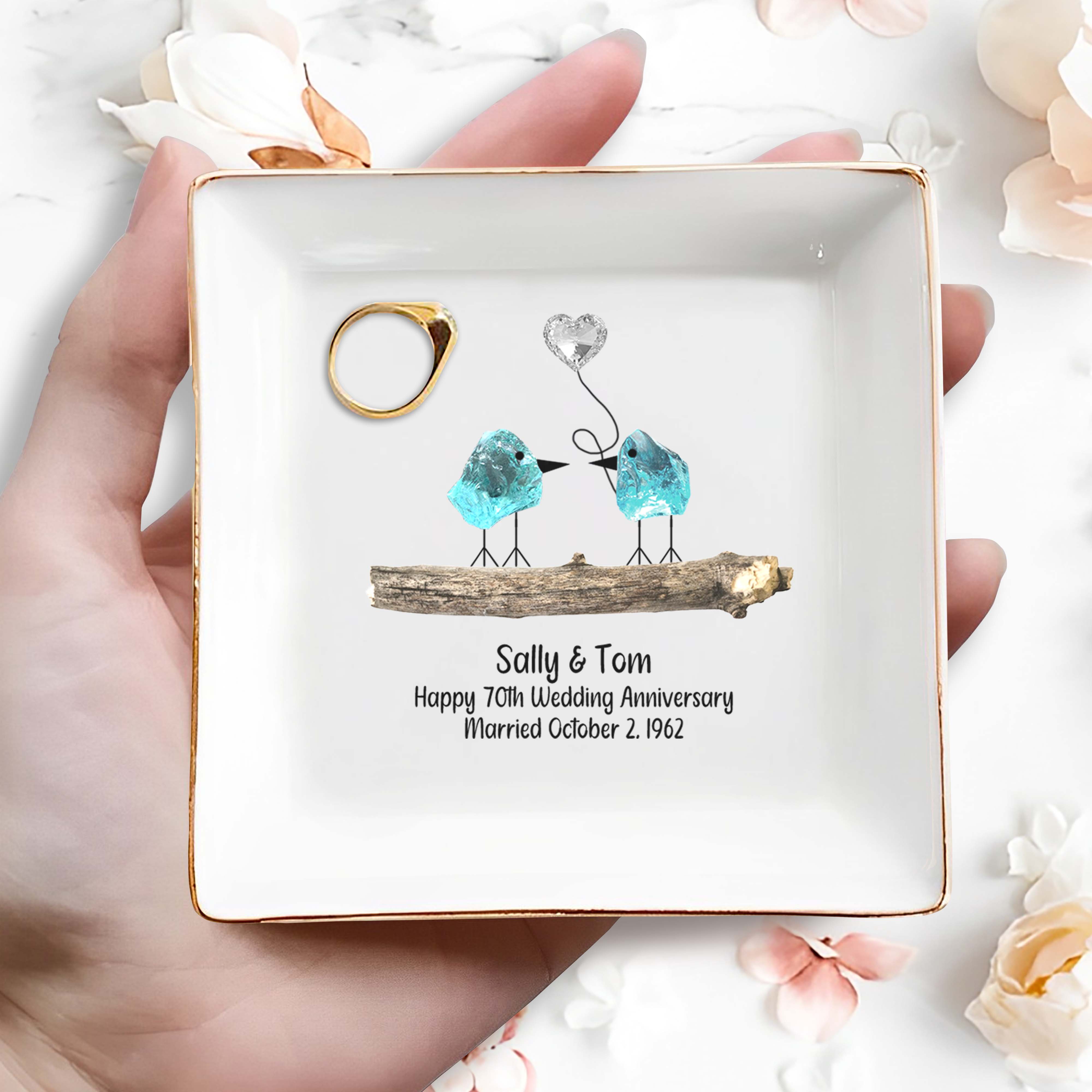 Celebrate Lifelong Love With Charming Birds Keepsake - Personalized Custom Jewelry Dish - CPL300_SCRD
