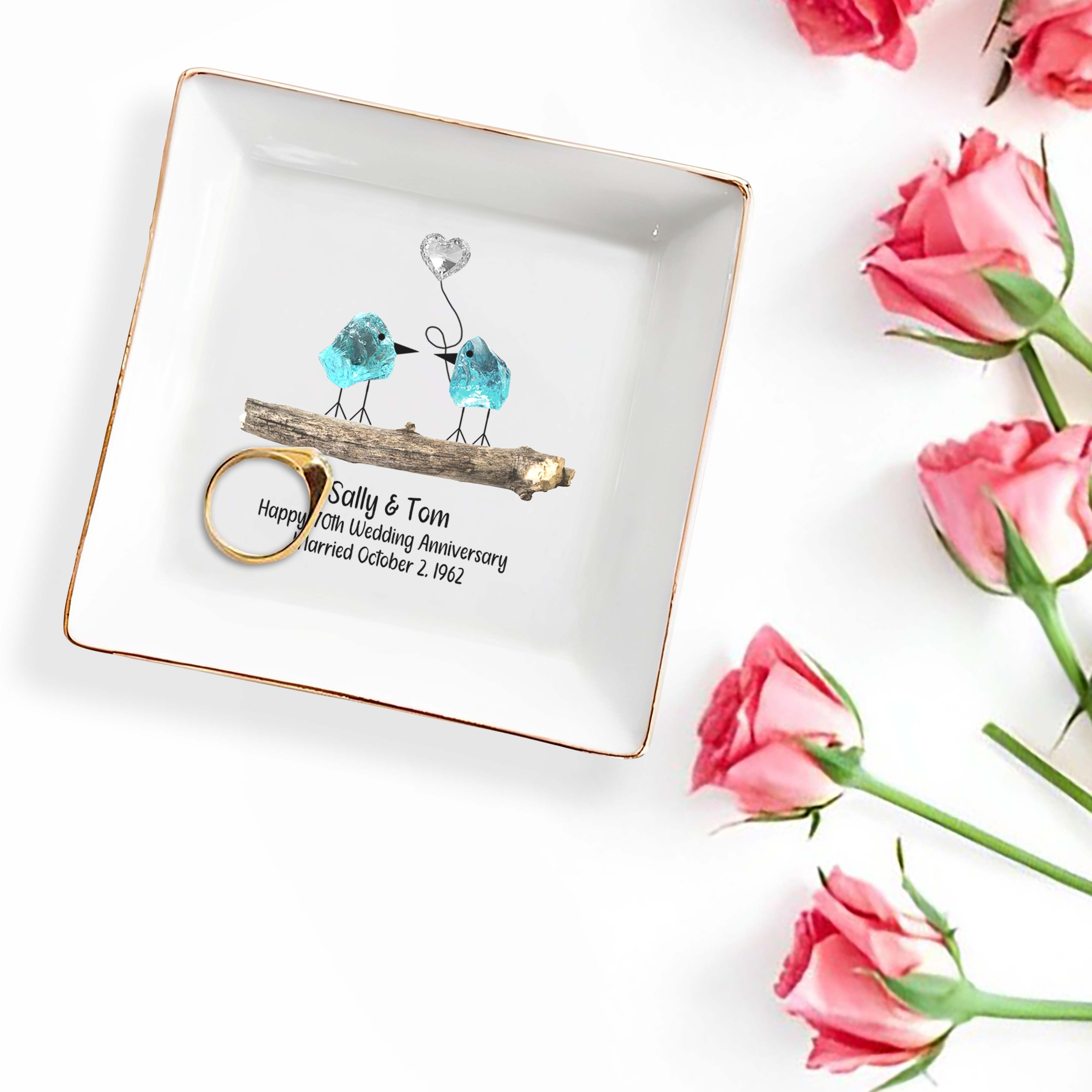 Celebrate Lifelong Love With Charming Birds Keepsake - Personalized Custom Jewelry Dish - CPL300_SCRD