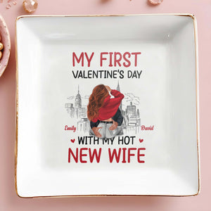 My First Valentine's Day With My New Wife and Cityscape - Personalized Custom Jewelry Dish, Square Ceramic Dish - CPL309_SCRD