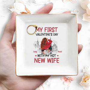 My First Valentine's Day With My New Wife and Cityscape - Personalized Custom Jewelry Dish, Square Ceramic Dish - CPL309_SCRD