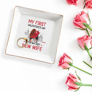 My First Valentine's Day With My New Wife and Cityscape - Personalized Custom Jewelry Dish, Square Ceramic Dish - CPL309_SCRD