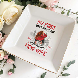 My First Valentine's Day With My New Wife and Cityscape - Personalized Custom Jewelry Dish, Square Ceramic Dish - CPL309_SCRD