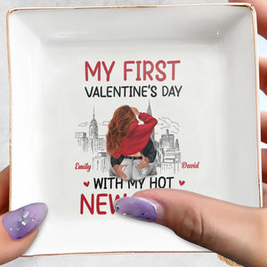 My First Valentine's Day With My New Wife and Cityscape - Personalized Custom Jewelry Dish, Square Ceramic Dish - CPL309_SCRD