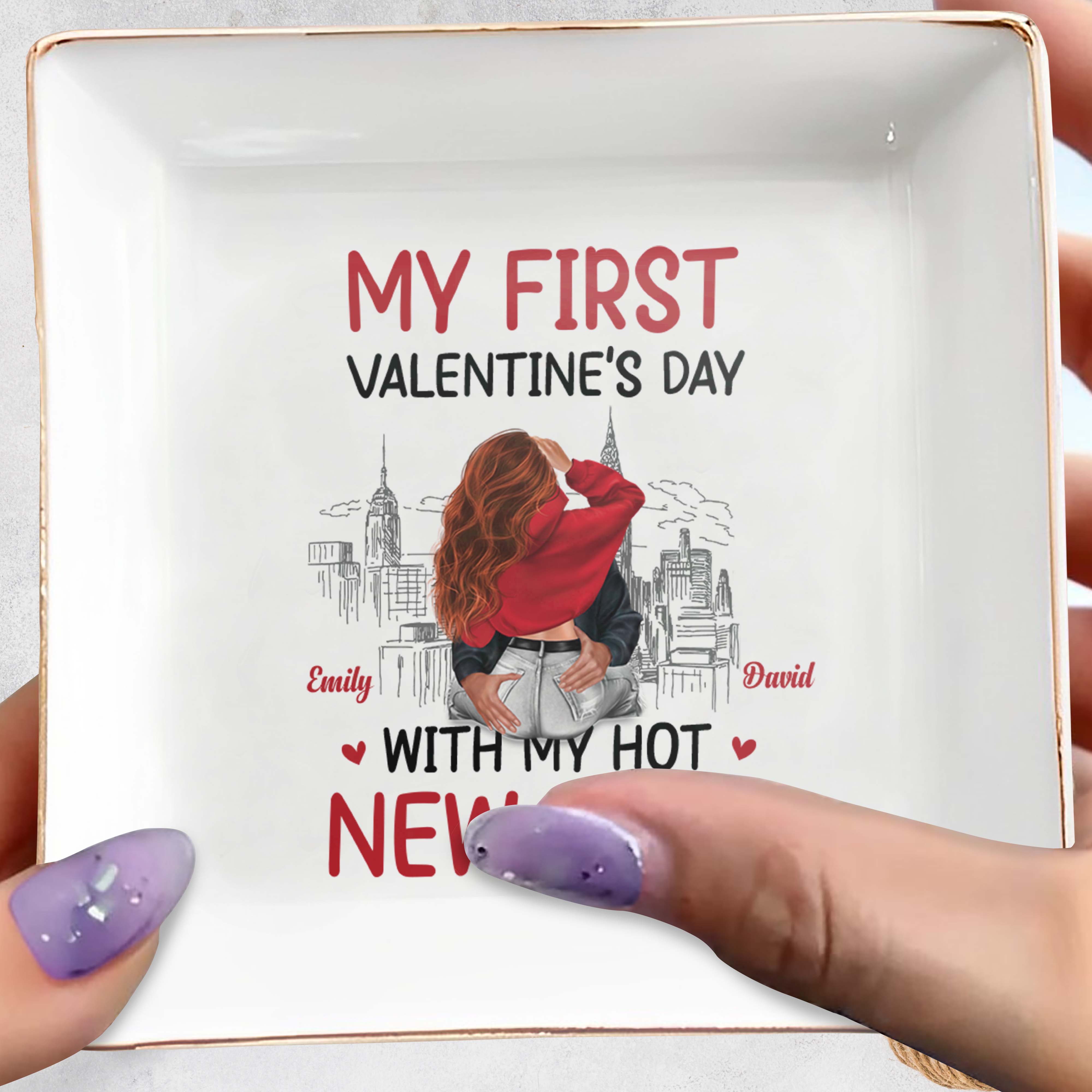 My First Valentine's Day With My New Wife and Cityscape - Personalized Custom Jewelry Dish, Square Ceramic Dish - CPL309_SCRD