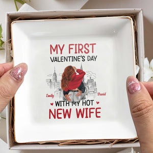 My First Valentine's Day With My New Wife and Cityscape - Personalized Custom Jewelry Dish, Square Ceramic Dish - CPL309_SCRD