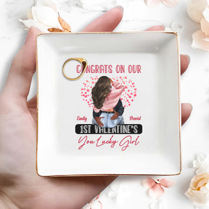 Congrats On Our 1st Valentine's You Lucky Girl With Hearts - Personalized Custom Jewelry Dish, Square Ceramic Dish - CPL310_SCRD