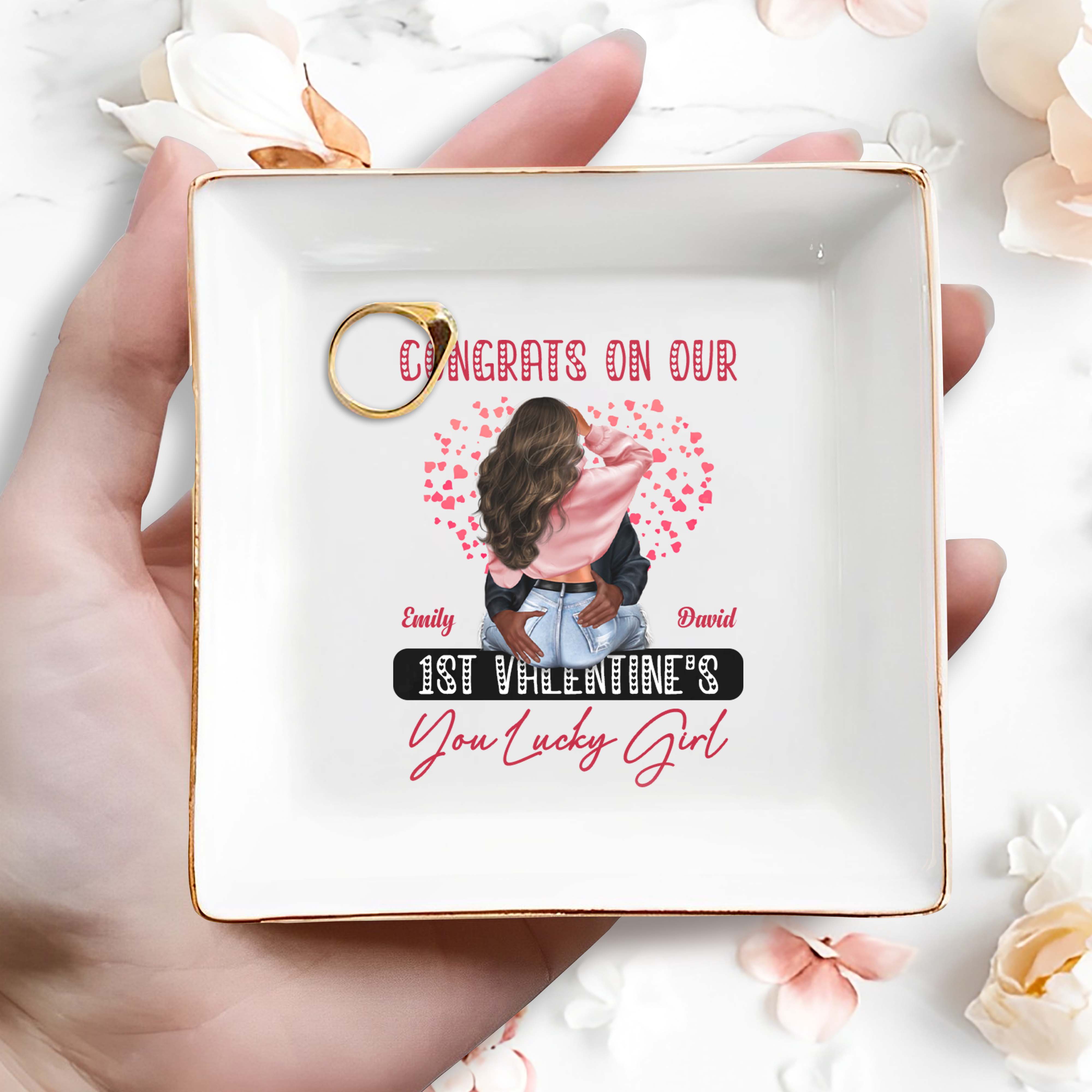 Congrats On Our 1st Valentine's You Lucky Girl With Hearts - Personalized Custom Jewelry Dish, Square Ceramic Dish - CPL310_SCRD