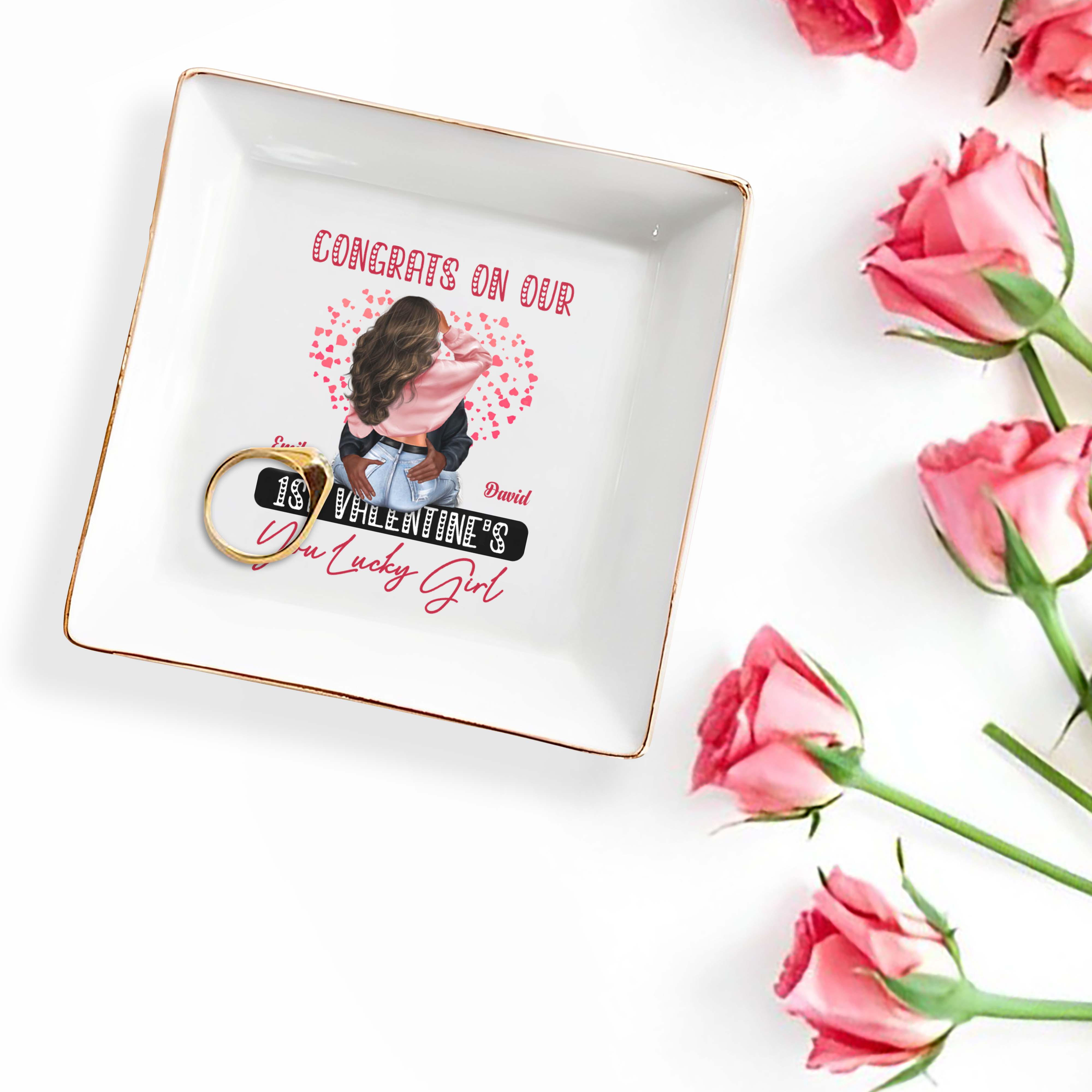 Congrats On Our 1st Valentine's You Lucky Girl With Hearts - Personalized Custom Jewelry Dish, Square Ceramic Dish - CPL310_SCRD