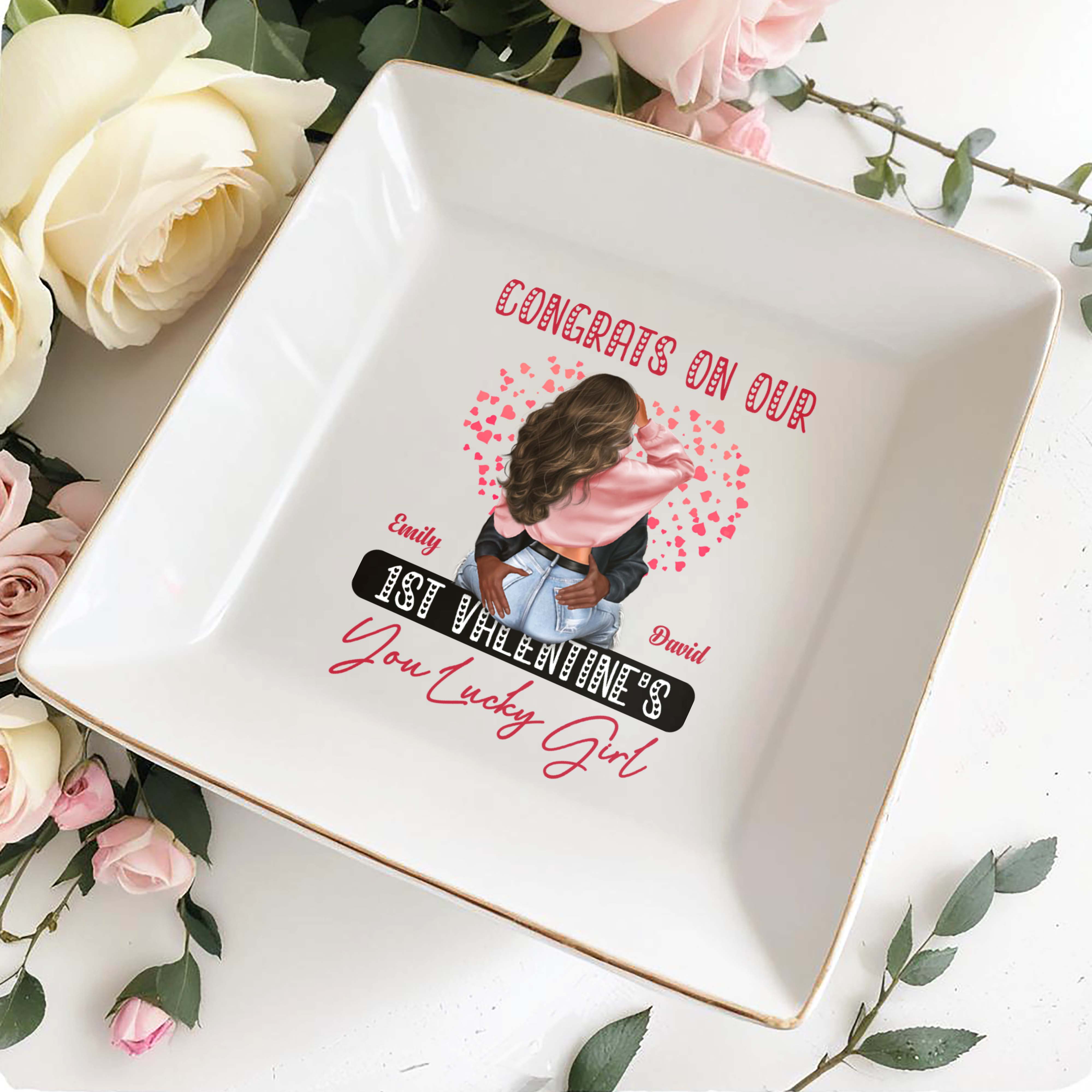 Congrats On Our 1st Valentine's You Lucky Girl With Hearts - Personalized Custom Jewelry Dish, Square Ceramic Dish - CPL310_SCRD