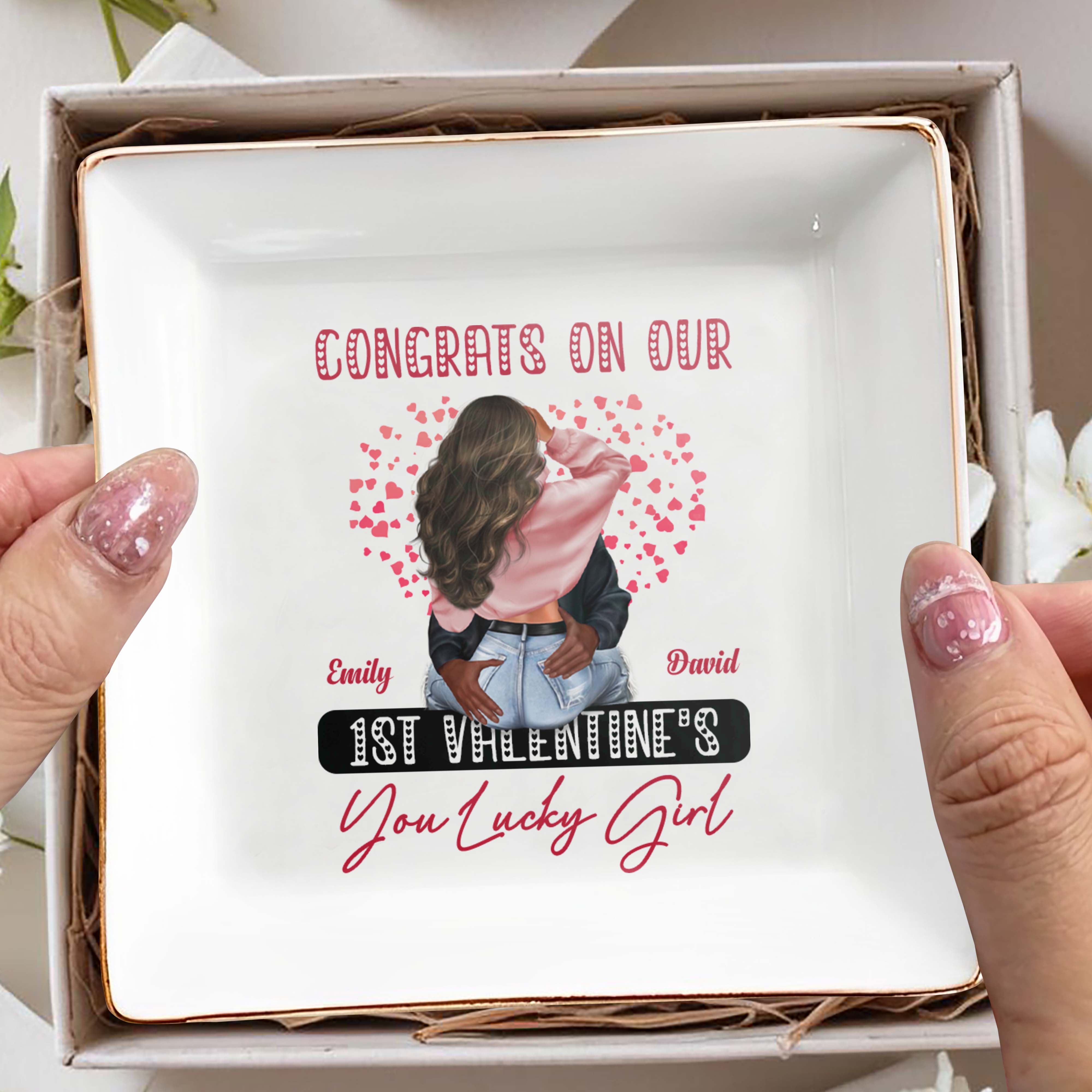 Congrats On Our 1st Valentine's You Lucky Girl With Hearts - Personalized Custom Jewelry Dish, Square Ceramic Dish - CPL310_SCRD