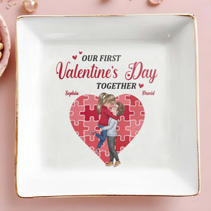 Our First Valentine's Day Together Heart And Puzzle - Personalized Custom Jewelry Dish, Square Ceramic Dish - CPL311_SCRD
