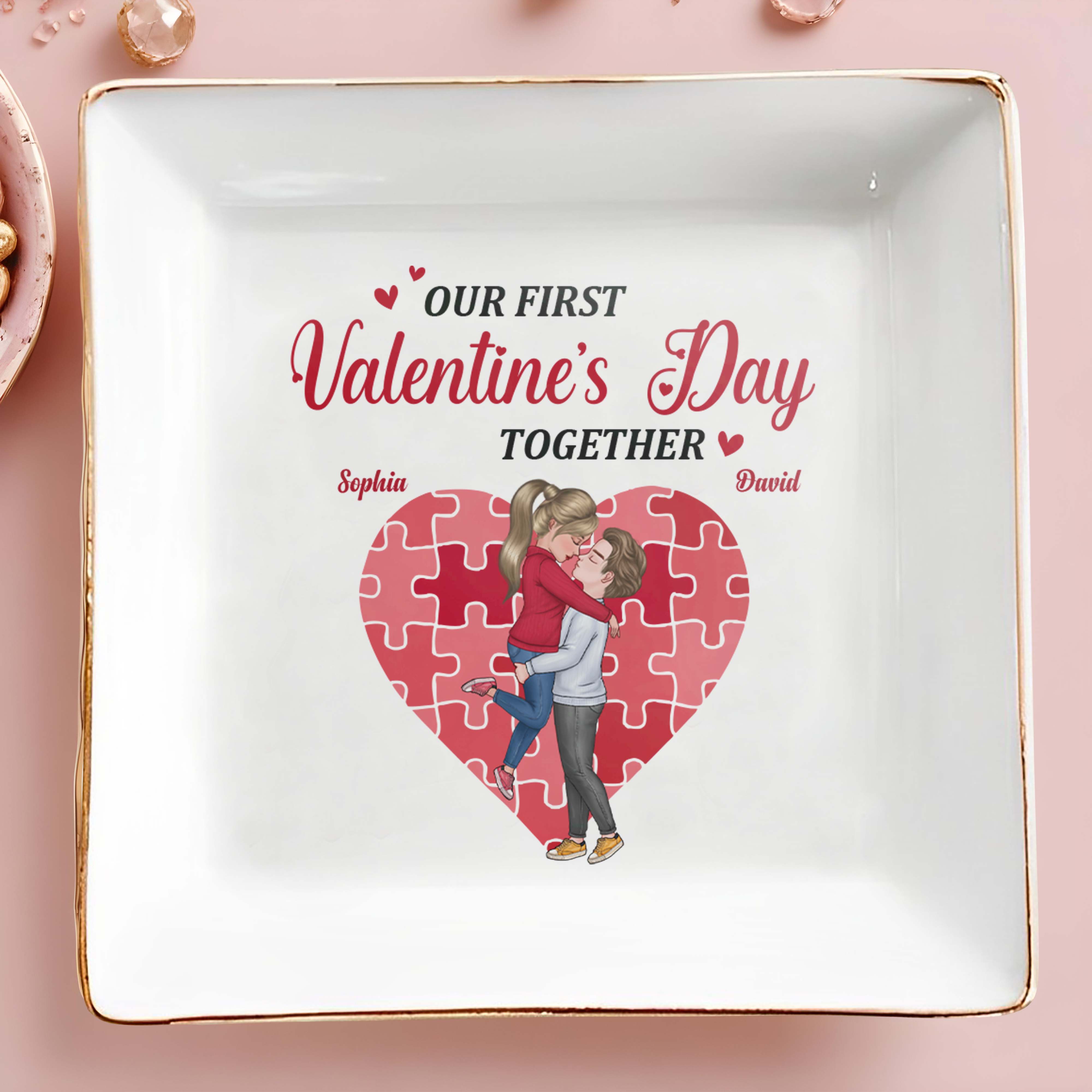 Our First Valentine's Day Together Heart And Puzzle - Personalized Custom Jewelry Dish, Square Ceramic Dish - CPL311_SCRD