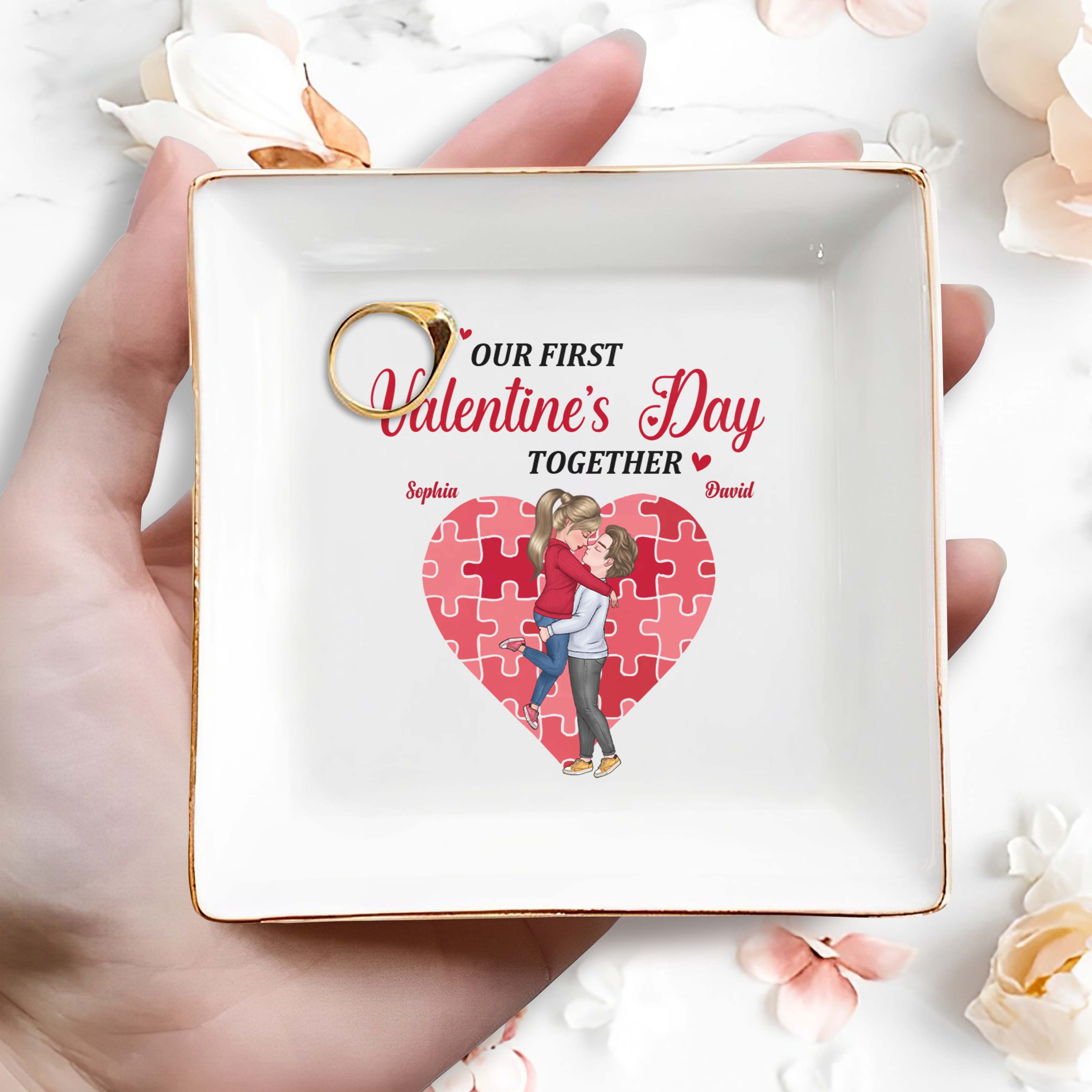 Our First Valentine's Day Together Heart And Puzzle - Personalized Custom Jewelry Dish, Square Ceramic Dish - CPL311_SCRD