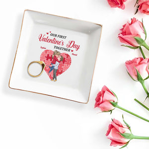 Our First Valentine's Day Together Heart And Puzzle - Personalized Custom Jewelry Dish, Square Ceramic Dish - CPL311_SCRD