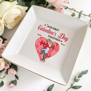 Our First Valentine's Day Together Heart And Puzzle - Personalized Custom Jewelry Dish, Square Ceramic Dish - CPL311_SCRD