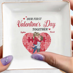 Our First Valentine's Day Together Heart And Puzzle - Personalized Custom Jewelry Dish, Square Ceramic Dish - CPL311_SCRD