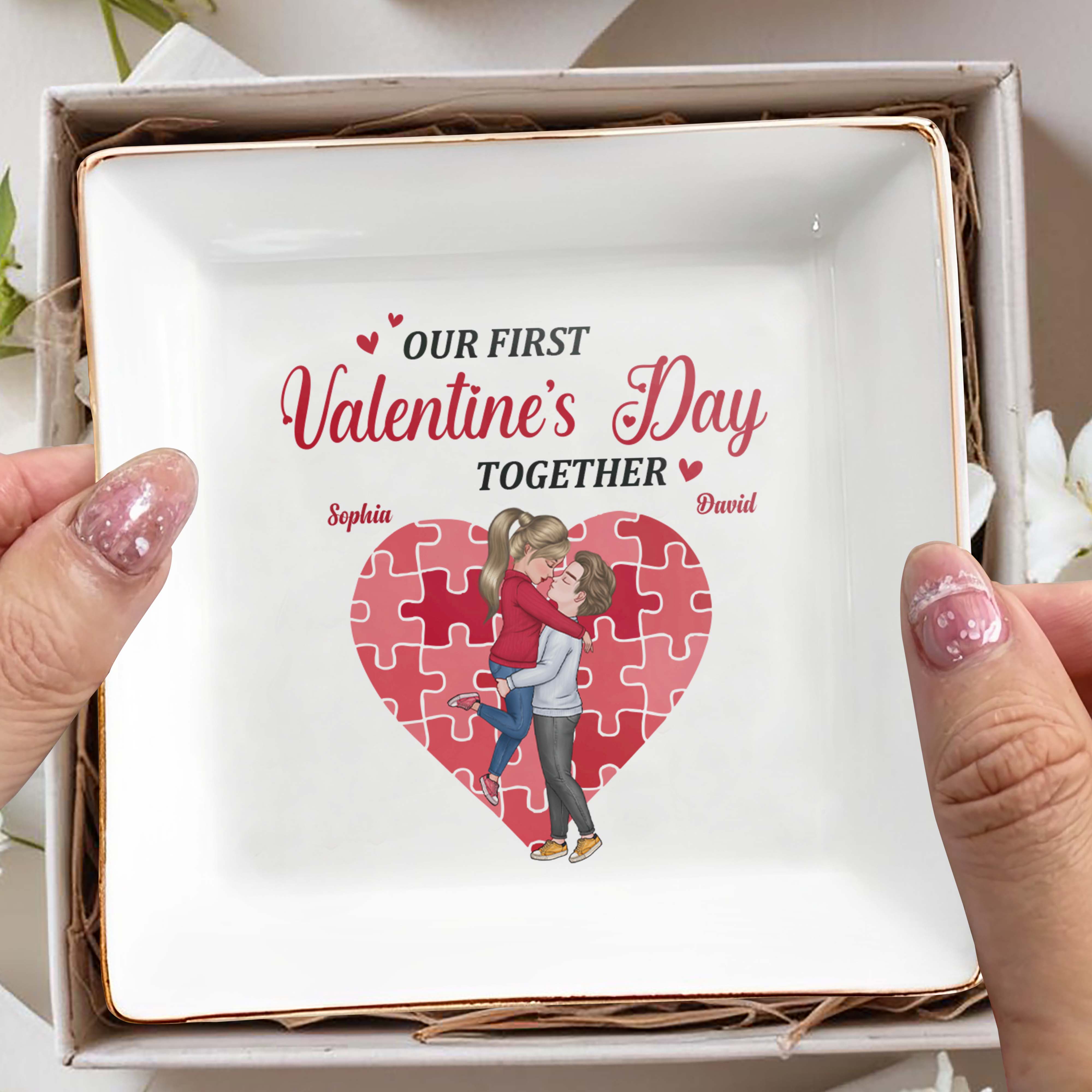 Our First Valentine's Day Together Heart And Puzzle - Personalized Custom Jewelry Dish, Square Ceramic Dish - CPL311_SCRD