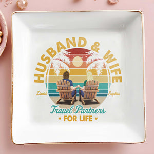 Husband And Wife Travel Partners For Life - Personalized Custom Jewelry Dish, Square Ceramic Dish - CPL354_SCRD