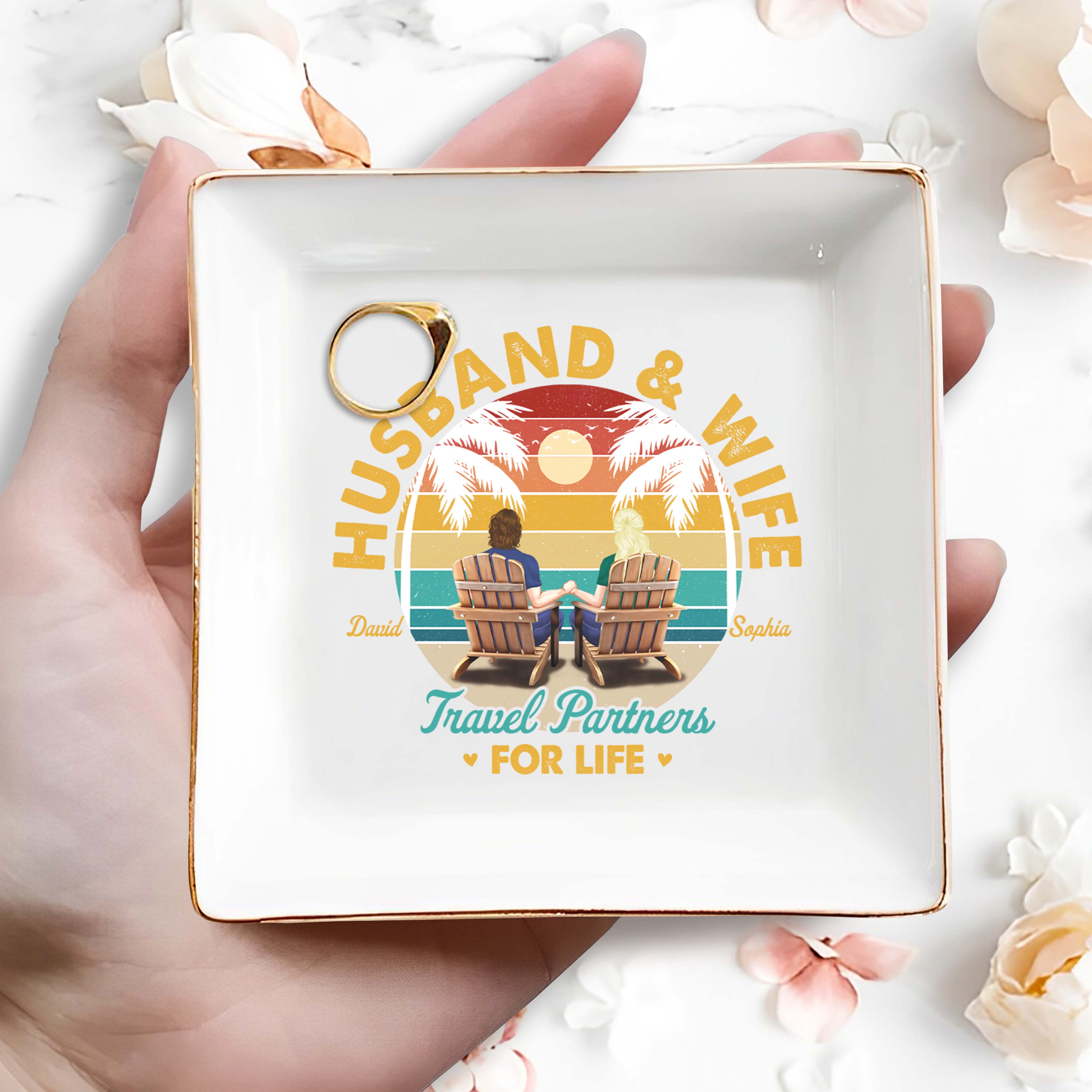 Husband And Wife Travel Partners For Life - Personalized Custom Jewelry Dish, Square Ceramic Dish - CPL354_SCRD