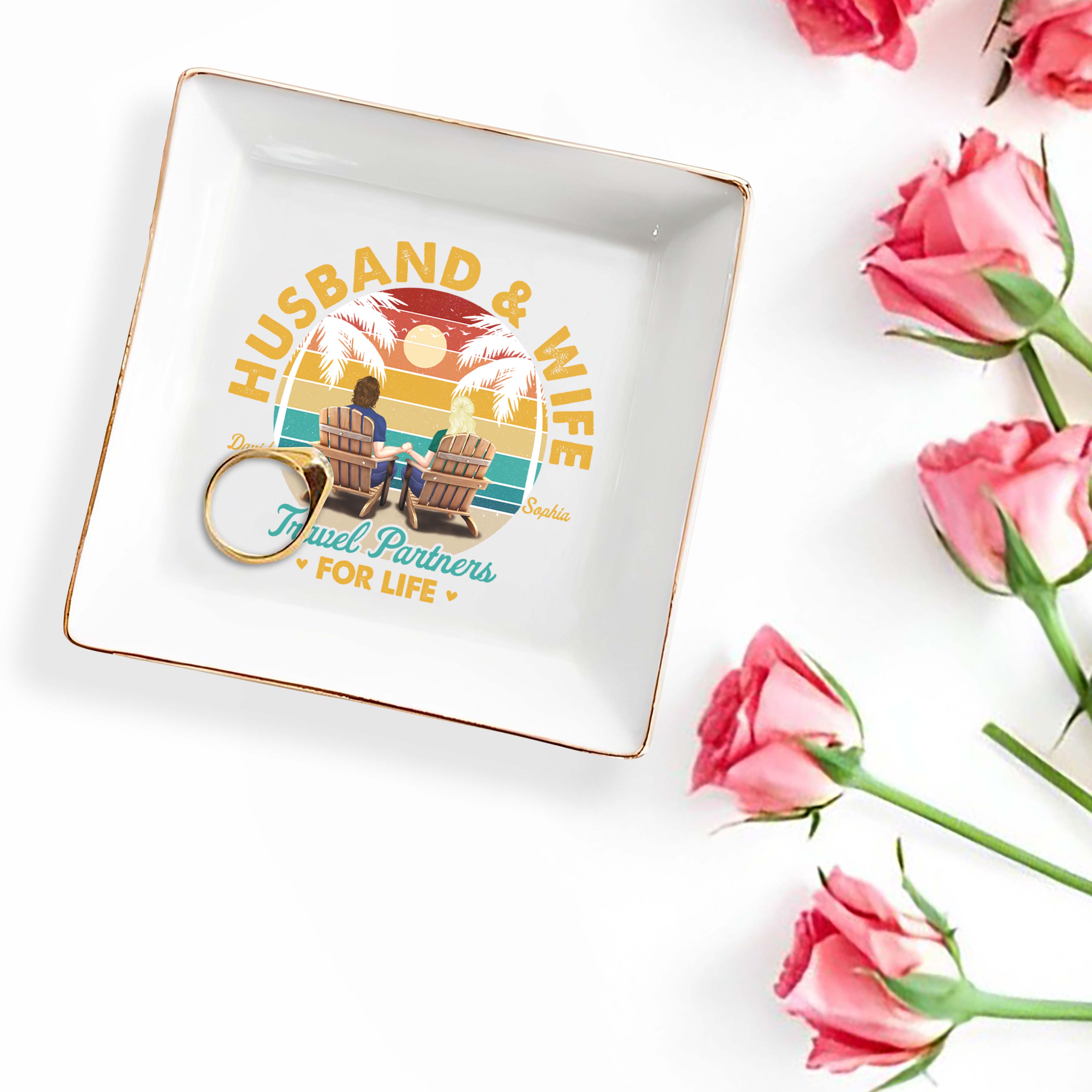 Husband And Wife Travel Partners For Life - Personalized Custom Jewelry Dish, Square Ceramic Dish - CPL354_SCRD