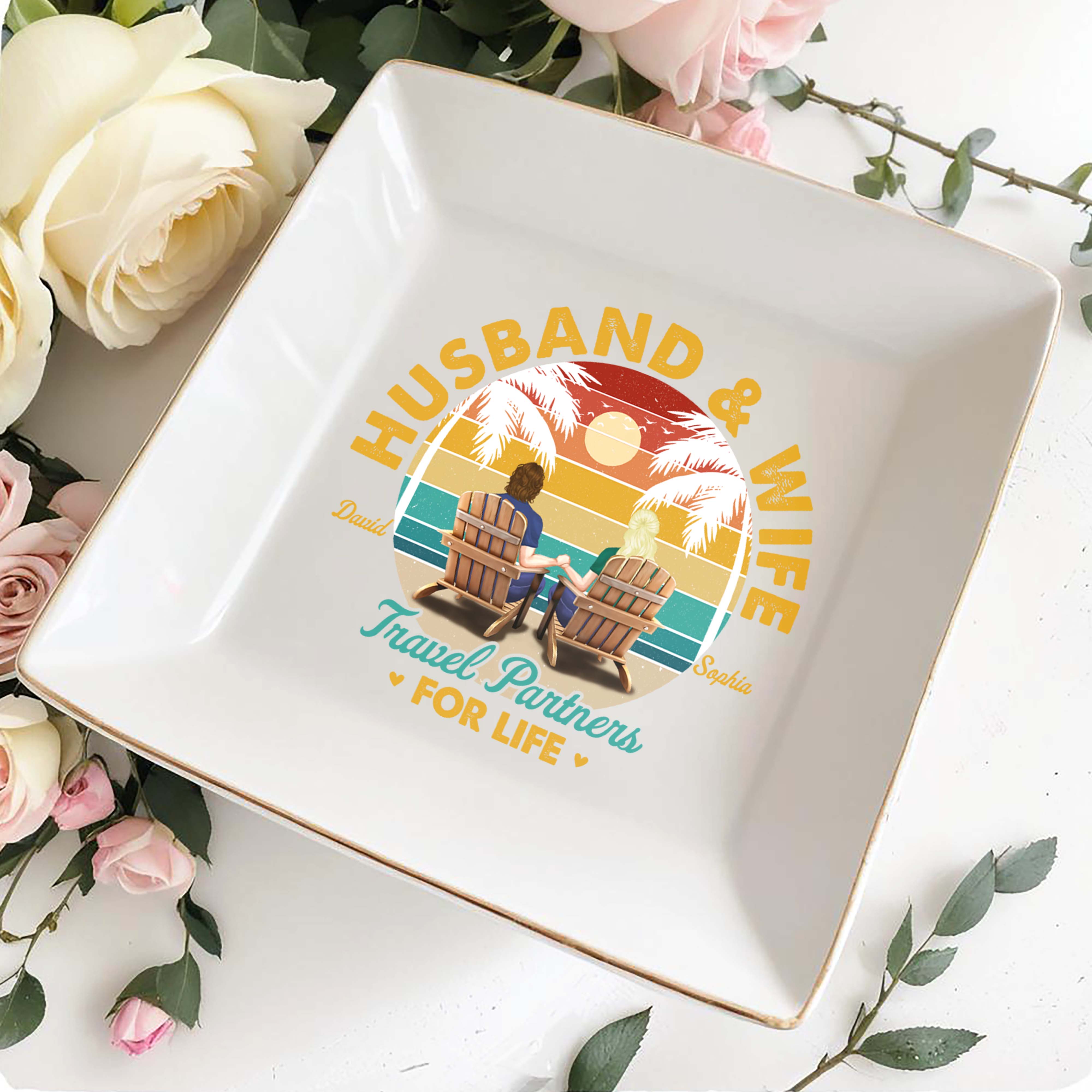 Husband And Wife Travel Partners For Life - Personalized Custom Jewelry Dish, Square Ceramic Dish - CPL354_SCRD