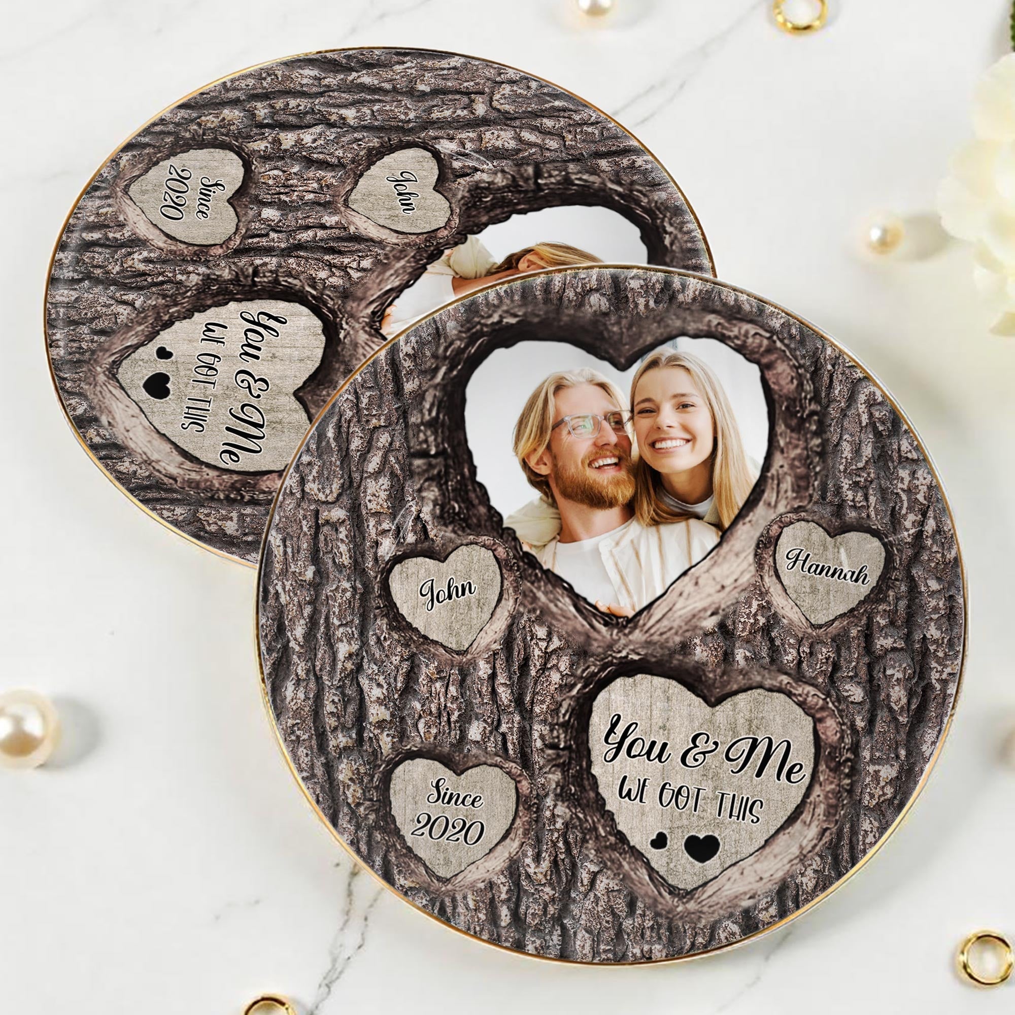You & Me We Got This Heart Tree Bark Photo Dish - Personalized Custom Jewelry Dish, Ceramic Dish, Round Shape - CPL355_RCRF