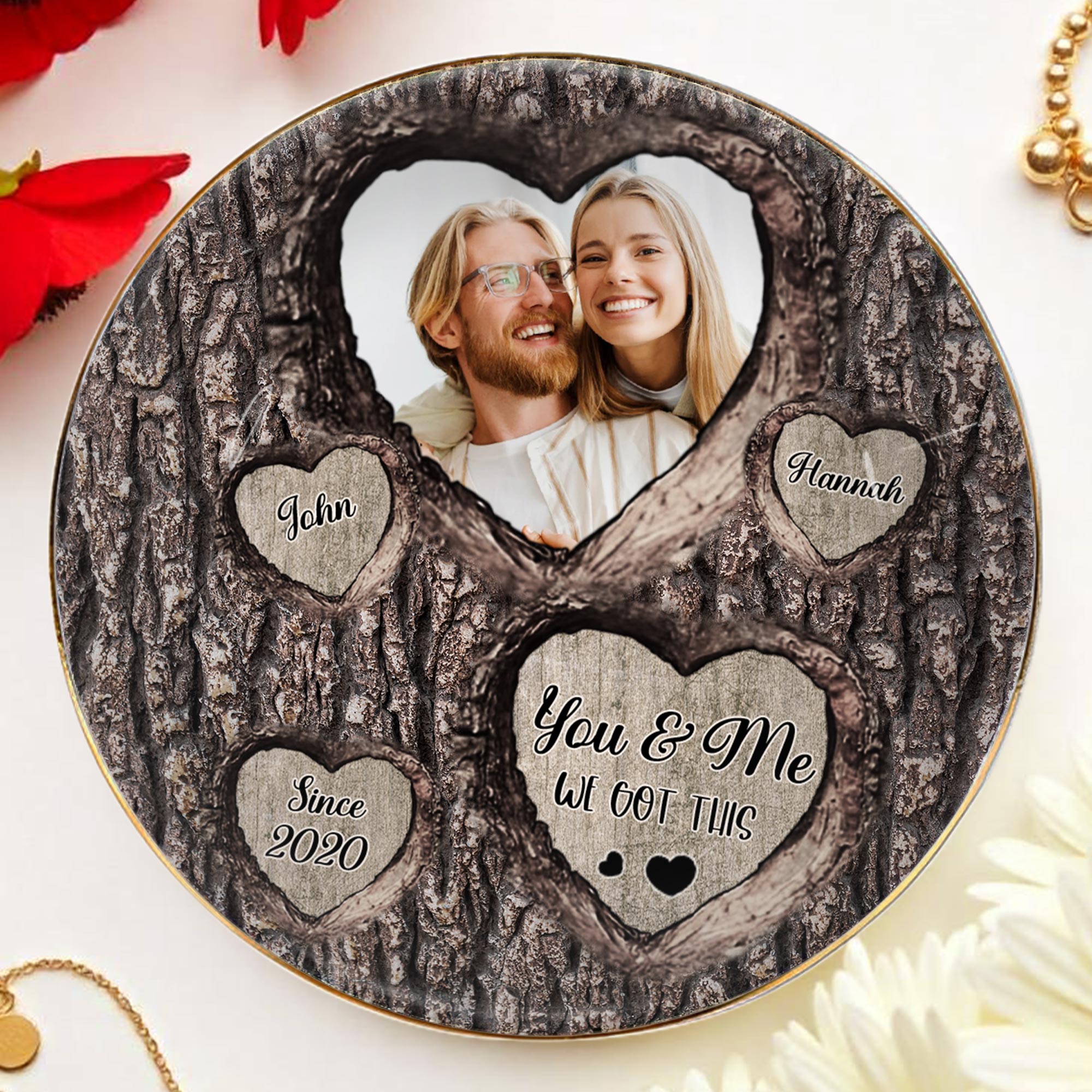 You & Me We Got This Heart Tree Bark Photo Dish - Personalized Custom Jewelry Dish, Ceramic Dish, Round Shape - CPL355_RCRF