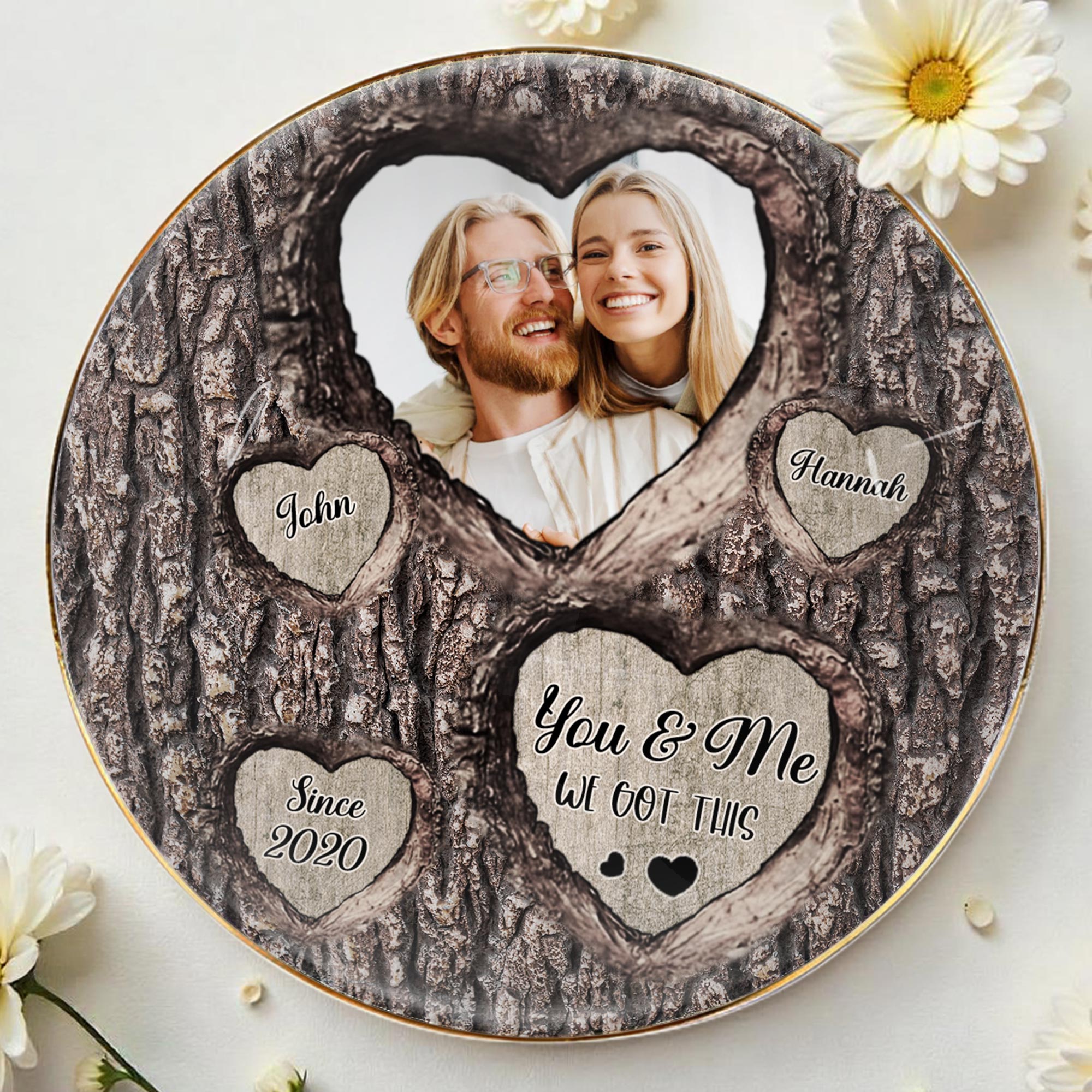 You & Me We Got This Heart Tree Bark Photo Dish - Personalized Custom Jewelry Dish, Ceramic Dish, Round Shape - CPL355_RCRF