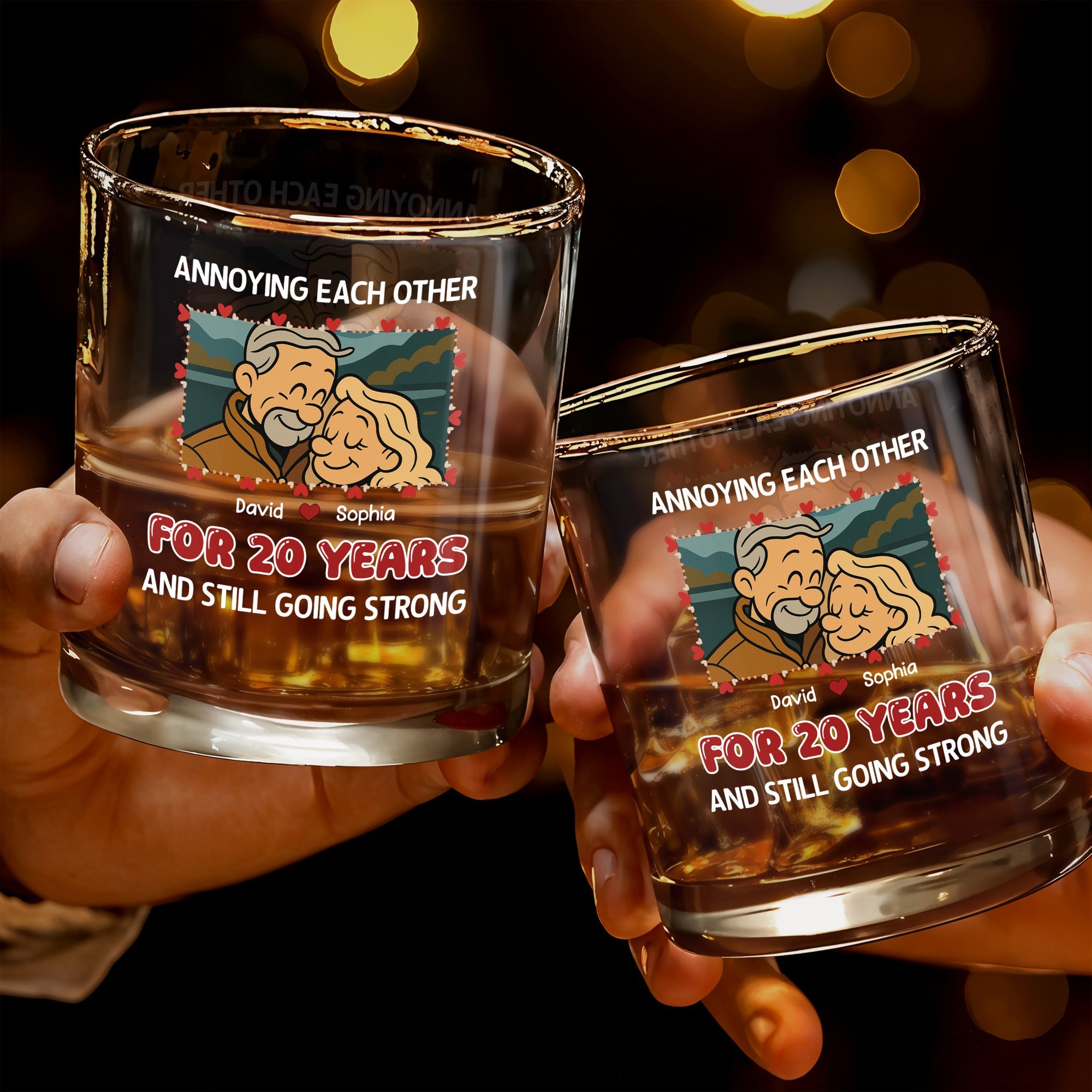 Annoying Each Other For 20 Years With Cartoon Couple - Personalized Custom Whiskey Glass - CPL401_RWG