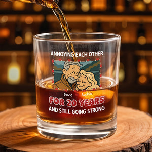 Annoying Each Other For 20 Years With Cartoon Couple - Personalized Custom Whiskey Glass - CPL401_RWG