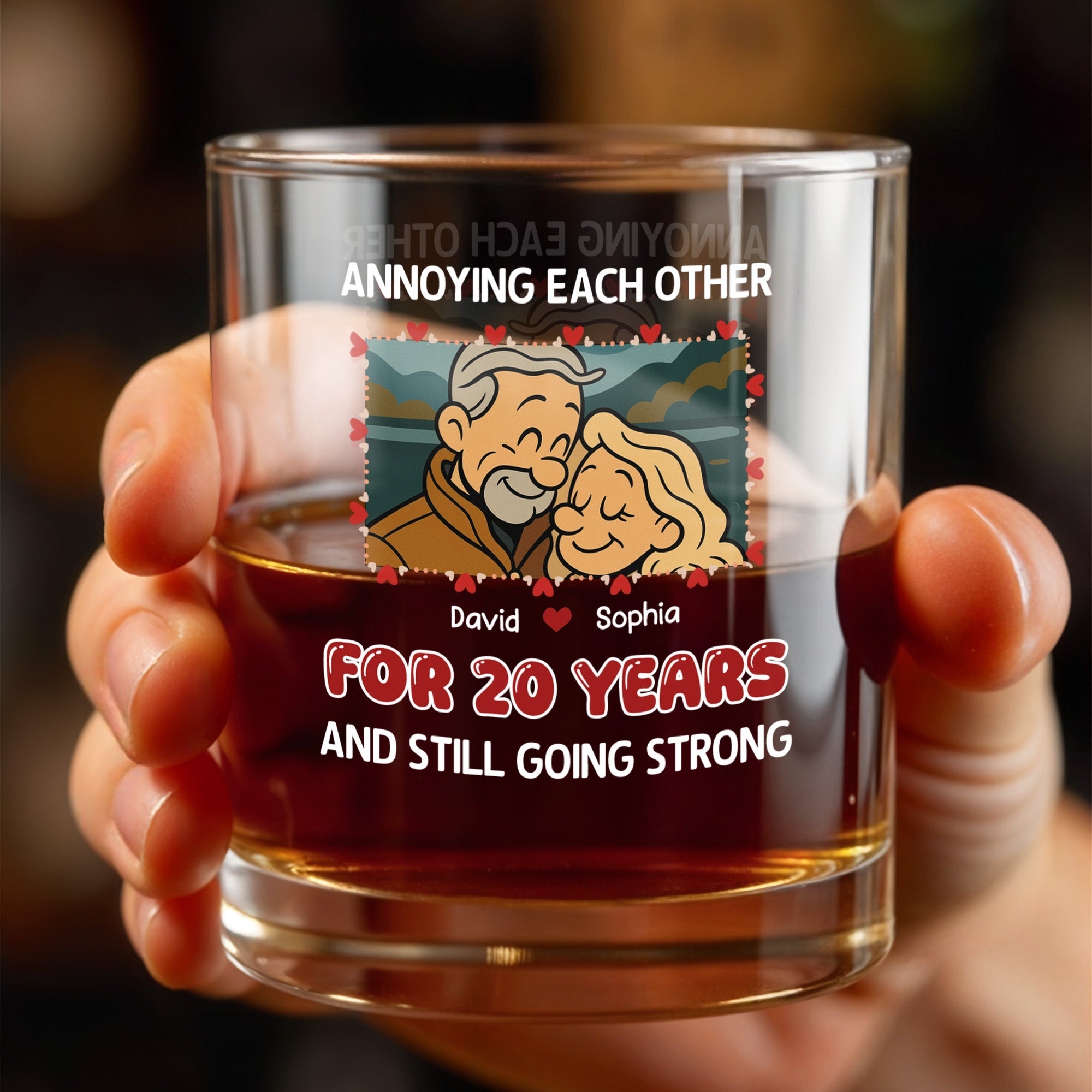 Annoying Each Other For 20 Years With Cartoon Couple - Personalized Custom Whiskey Glass - CPL401_RWG