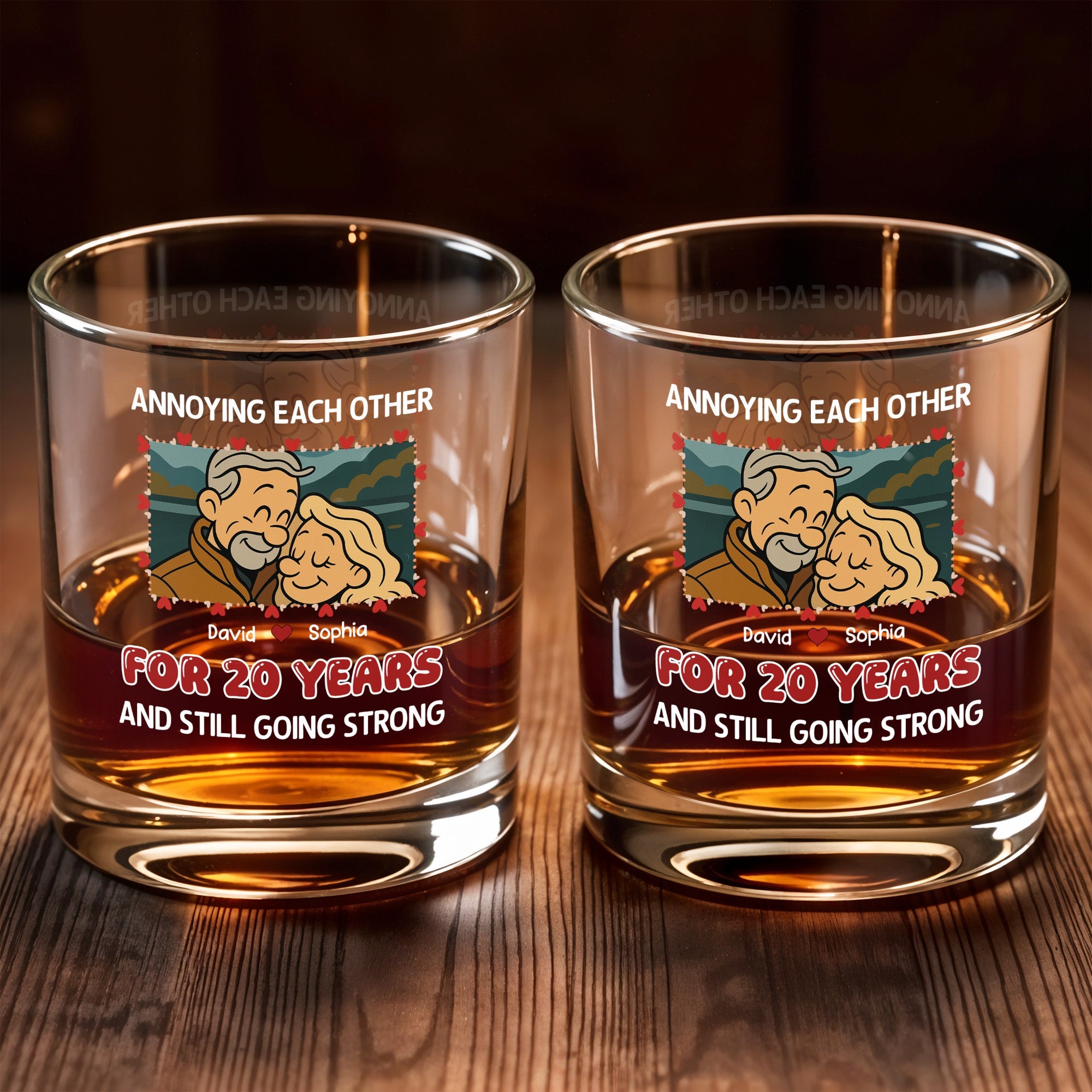 Annoying Each Other For 20 Years With Cartoon Couple - Personalized Custom Whiskey Glass - CPL401_RWG