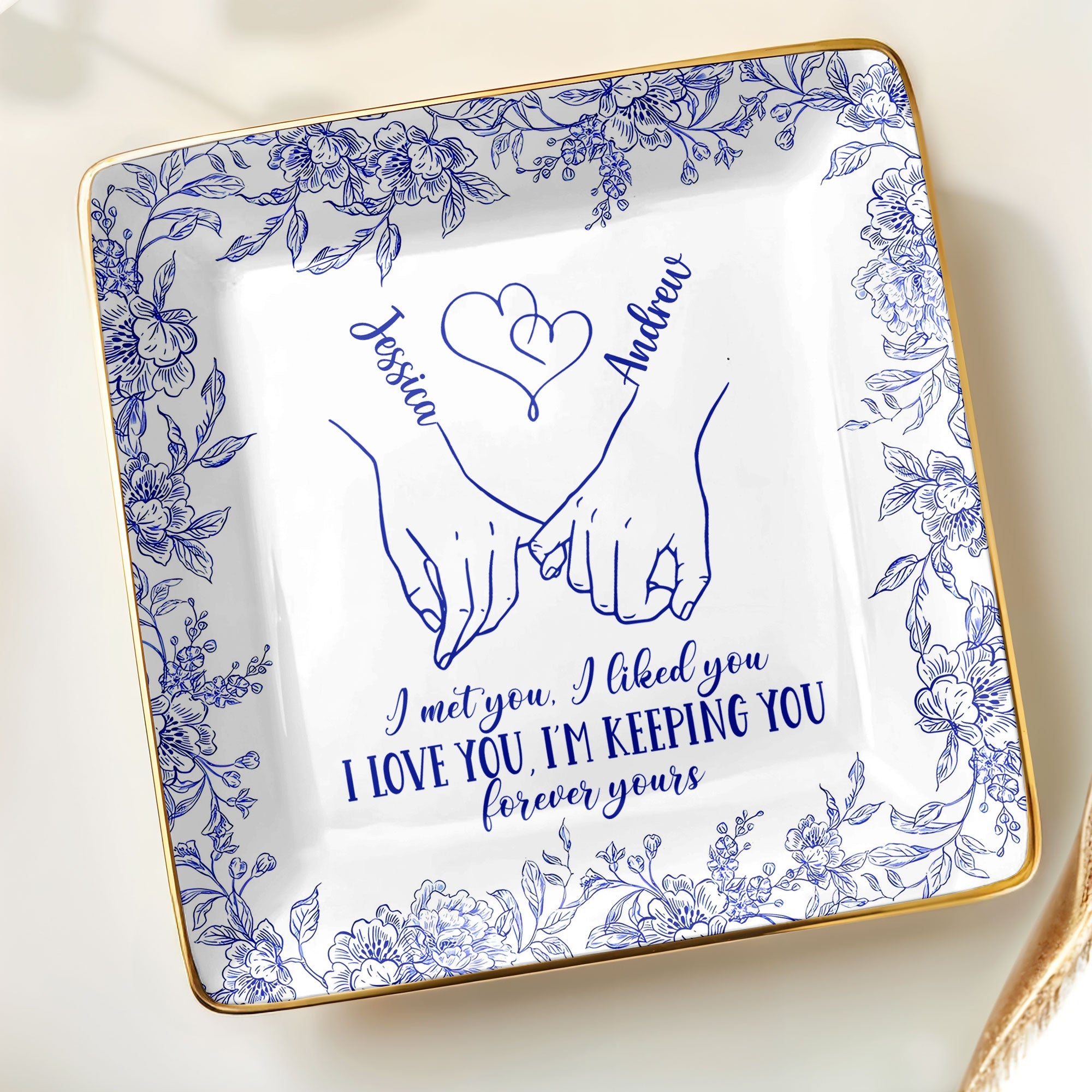 I Met You, I Loved You, Floral Heart Design - Personalized Custom Jewelry Dish, Ceramic Dish, Square Shape - CPL450_SCRF