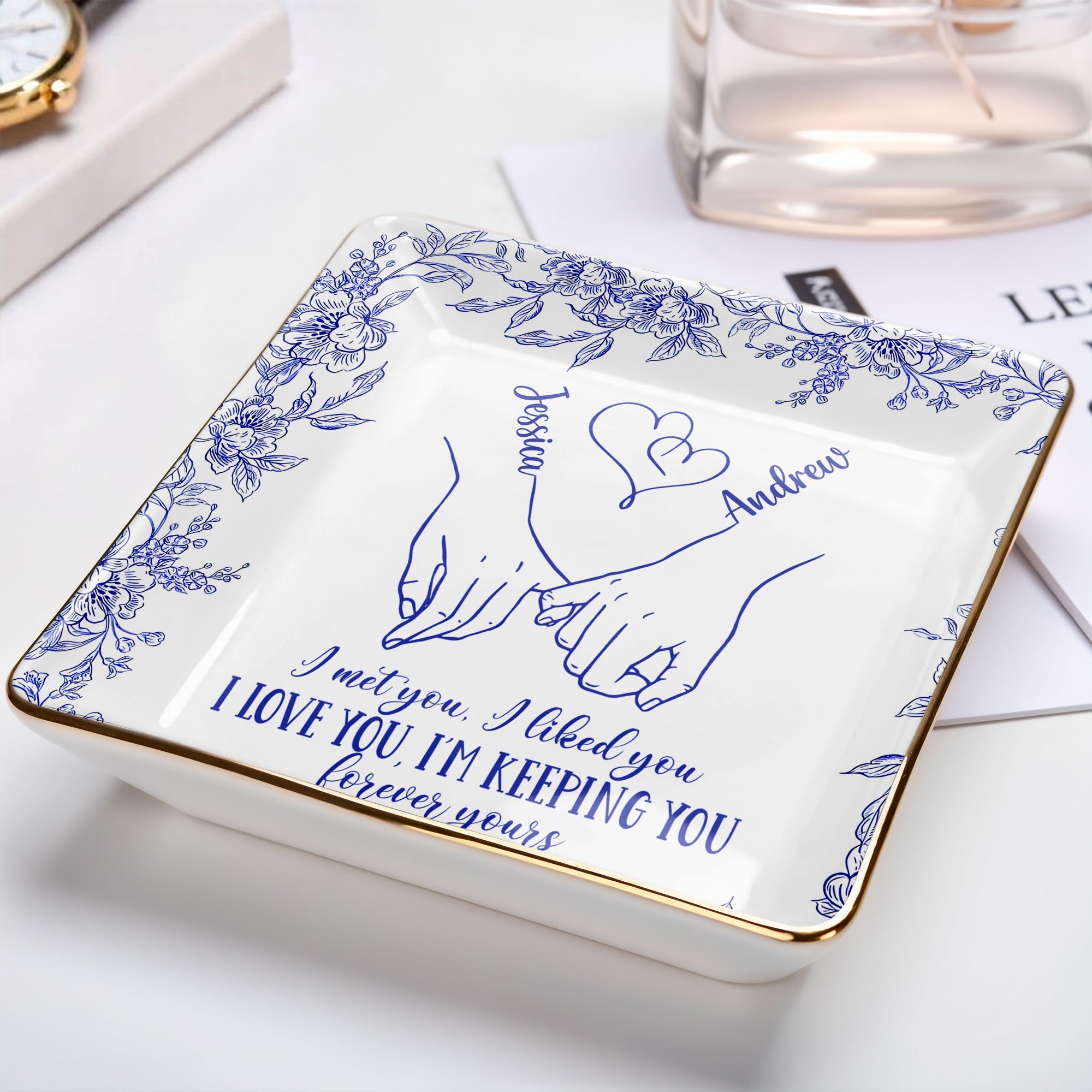 I Met You, I Loved You, Floral Heart Design - Personalized Custom Jewelry Dish, Ceramic Dish, Square Shape - CPL450_SCRF