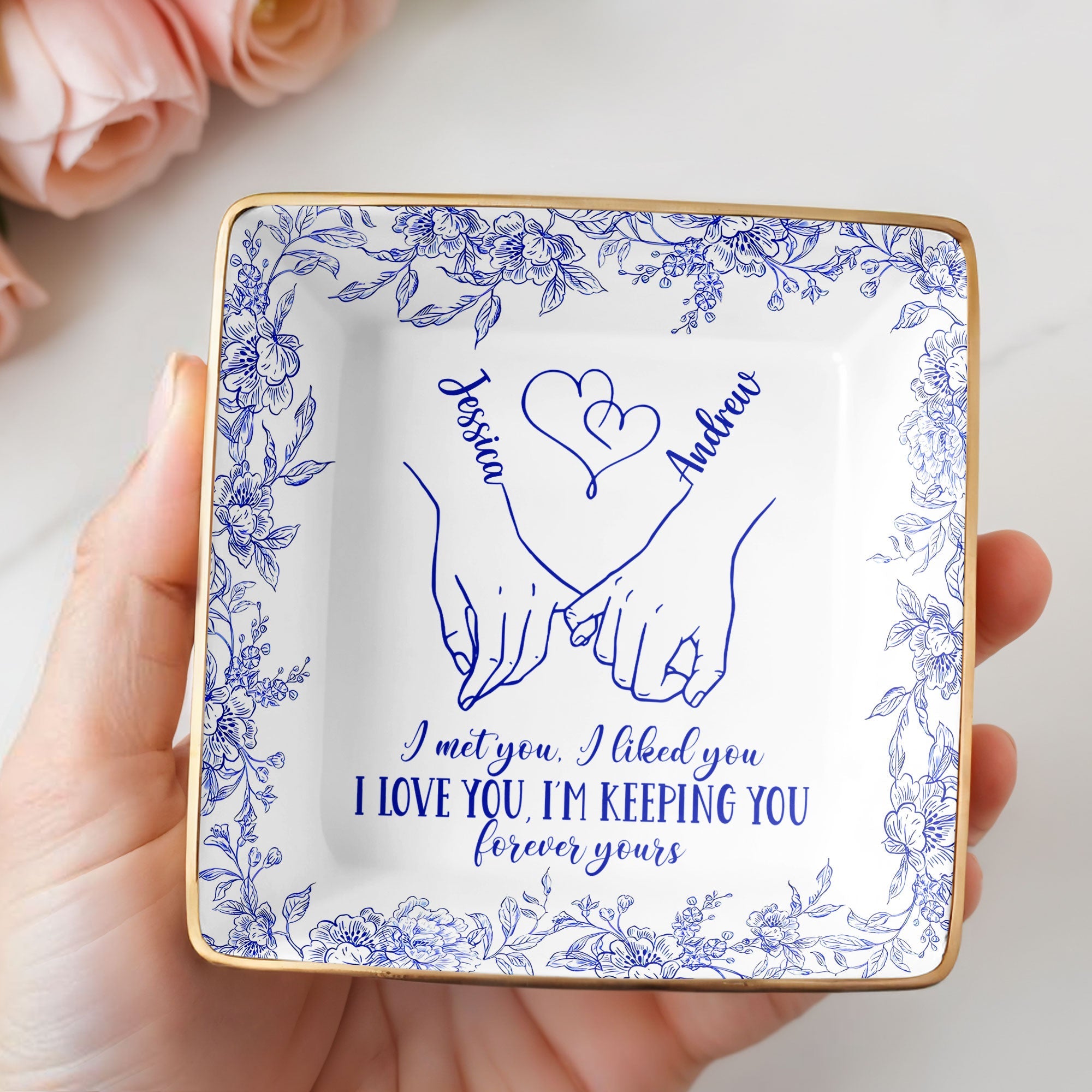 I Met You, I Loved You, Floral Heart Design - Personalized Custom Jewelry Dish, Ceramic Dish, Square Shape - CPL450_SCRF