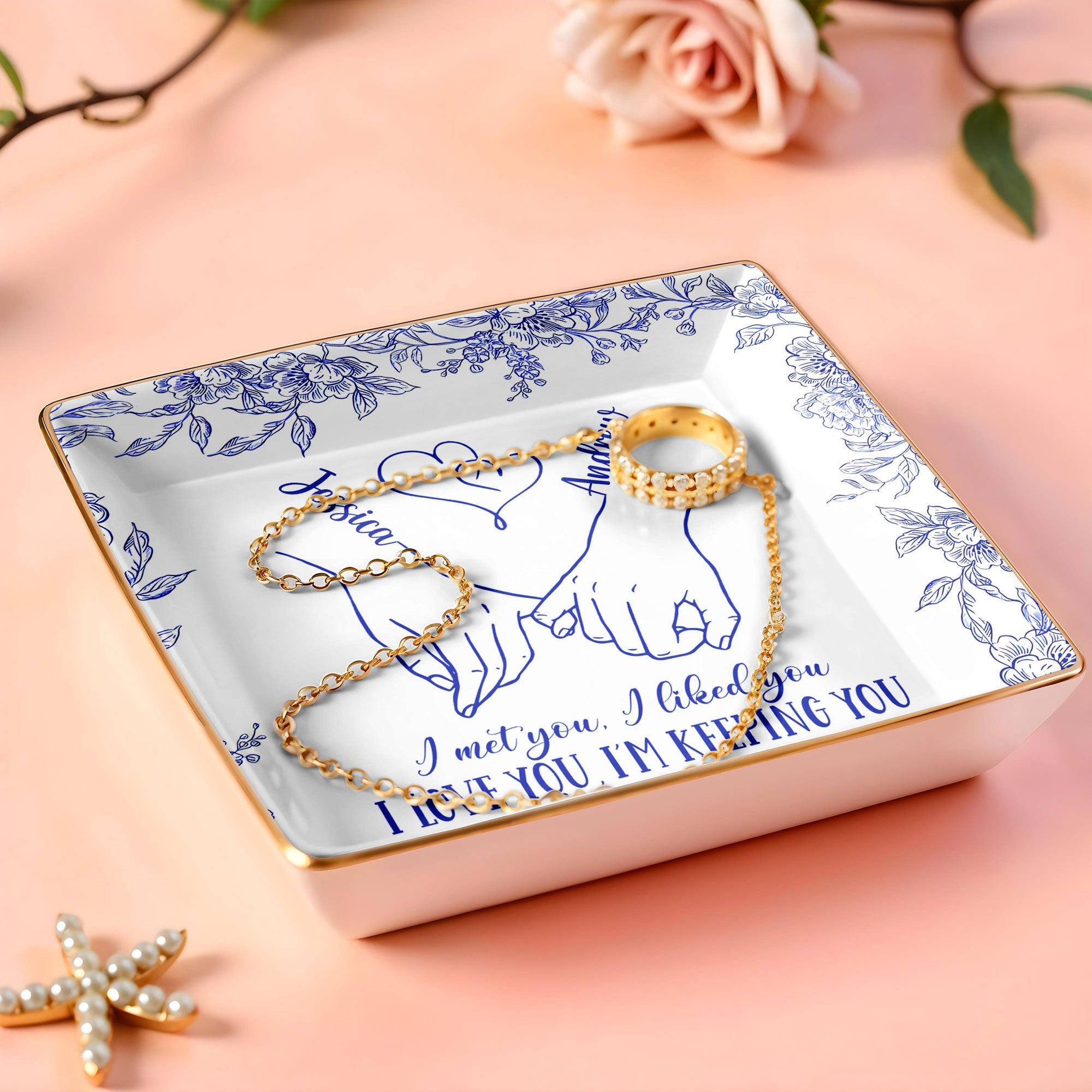 I Met You, I Loved You, Floral Heart Design - Personalized Custom Jewelry Dish, Ceramic Dish, Square Shape - CPL450_SCRF