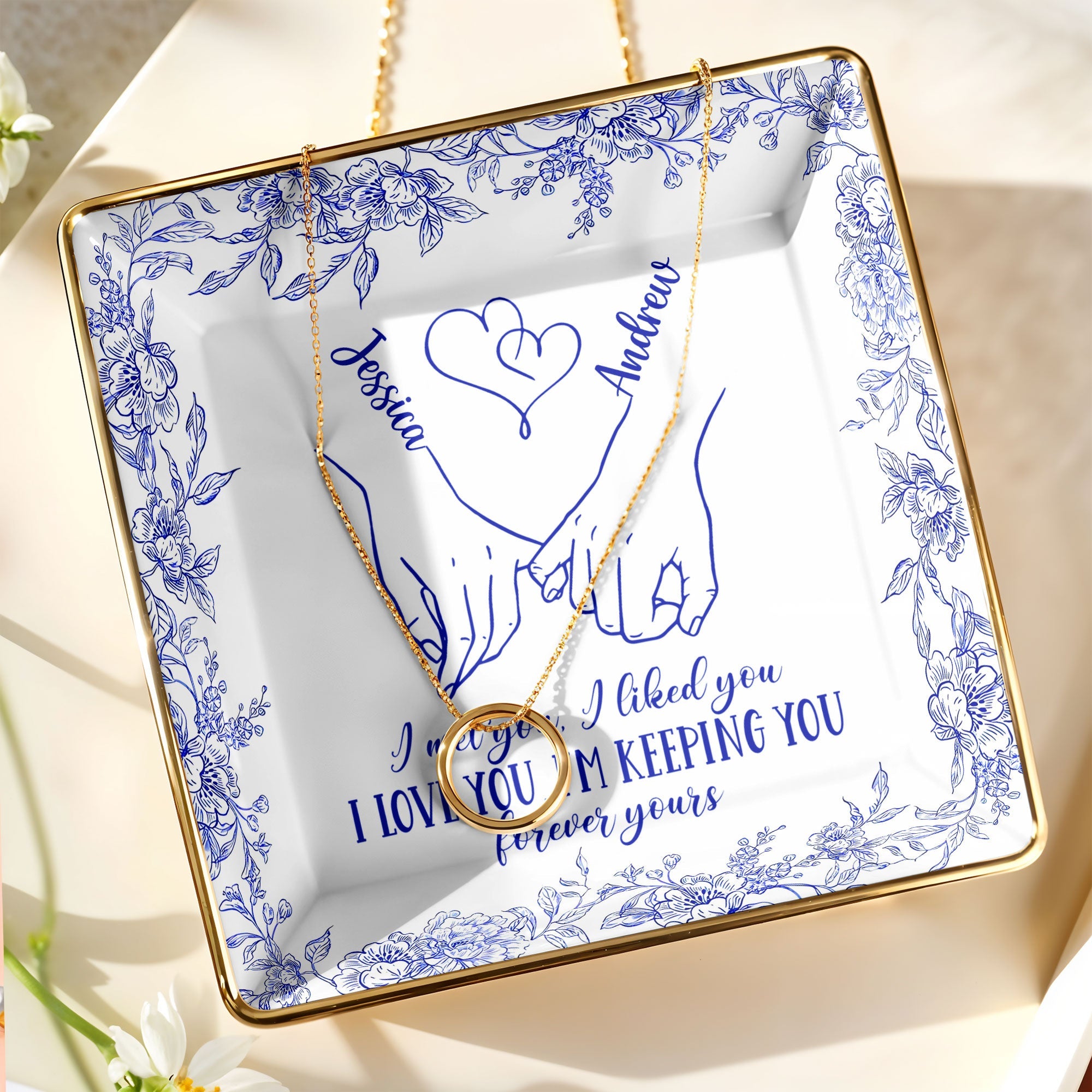 I Met You, I Loved You, Floral Heart Design - Personalized Custom Jewelry Dish, Ceramic Dish, Square Shape - CPL450_SCRF
