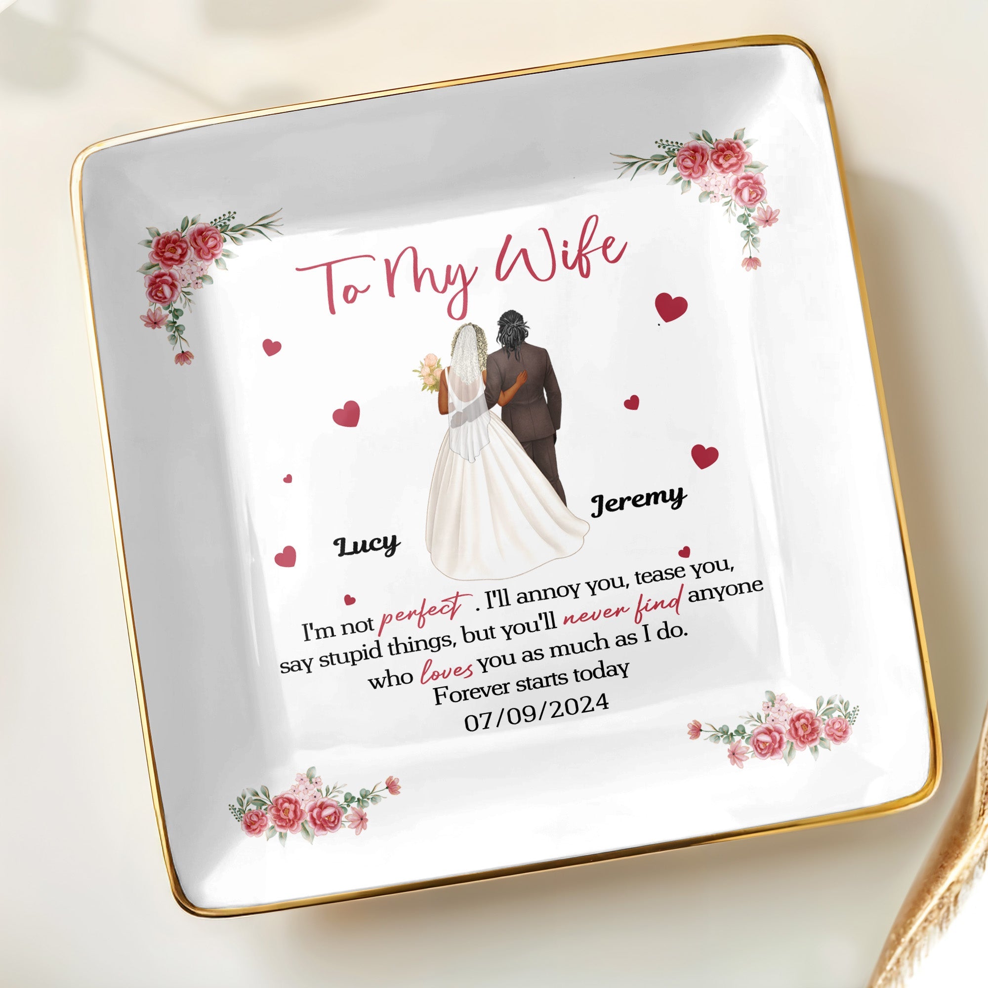 To My Wife, Flowers And Hearts - Personalized Custom Jewelry Dish, Ceramic Dish, Square Shape - CPL464_SCRF
