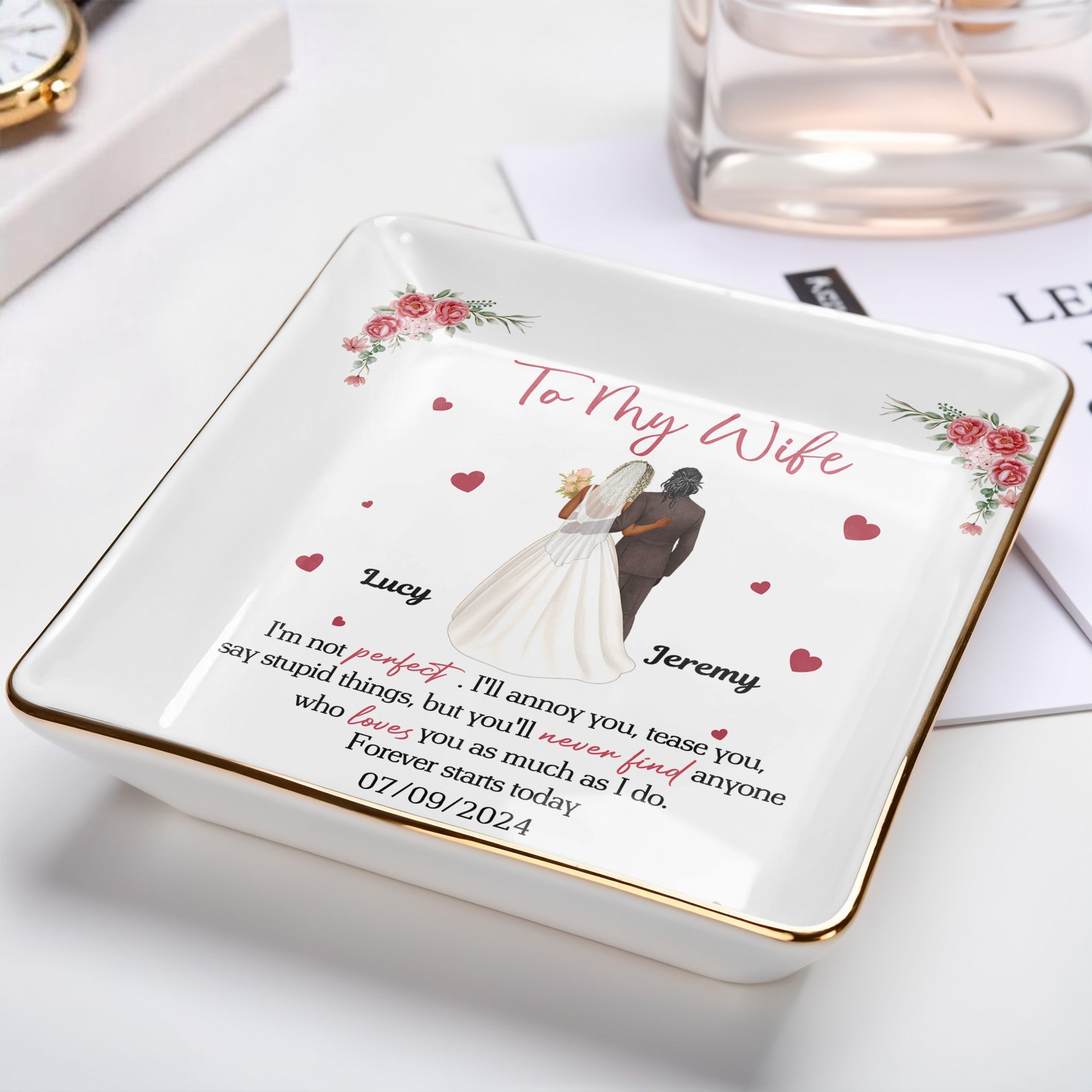 To My Wife, Flowers And Hearts - Personalized Custom Jewelry Dish, Ceramic Dish, Square Shape - CPL464_SCRF