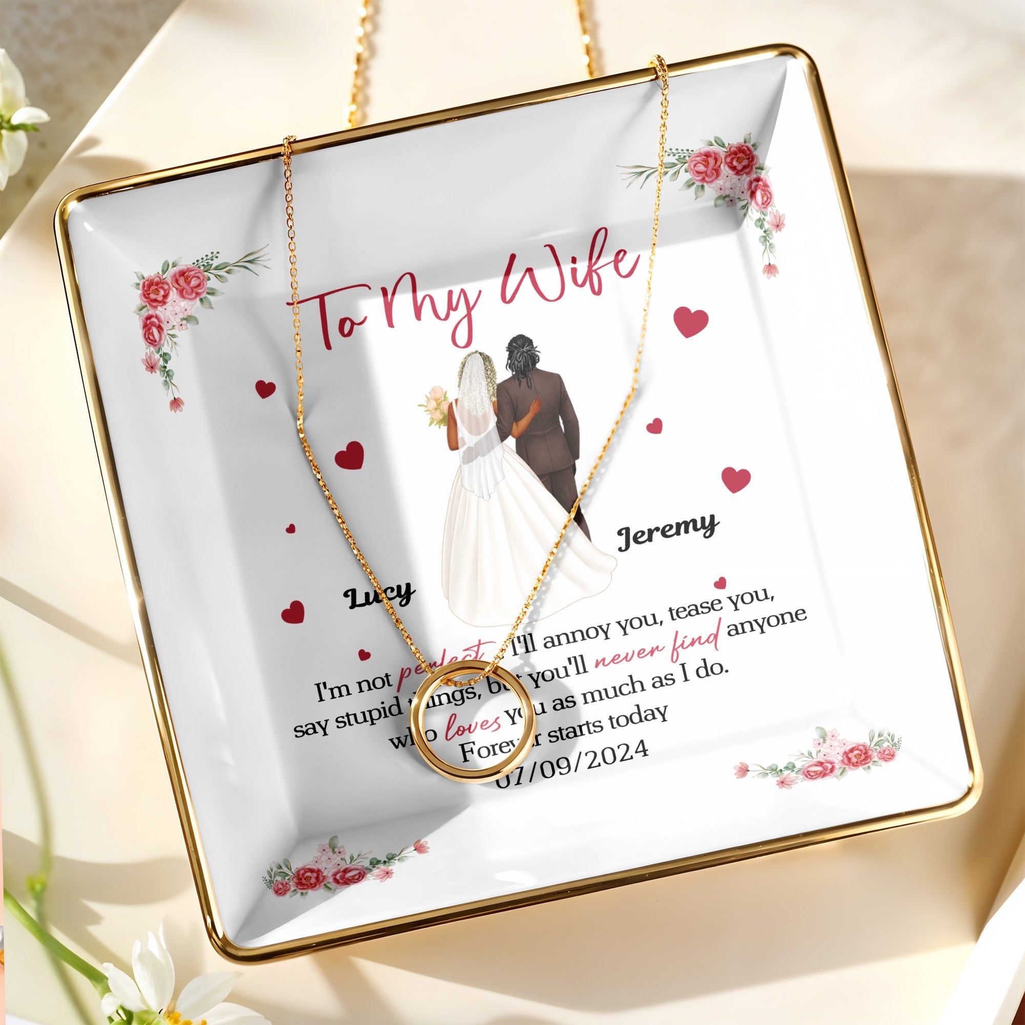 To My Wife, Flowers And Hearts - Personalized Custom Jewelry Dish, Ceramic Dish, Square Shape - CPL464_SCRF