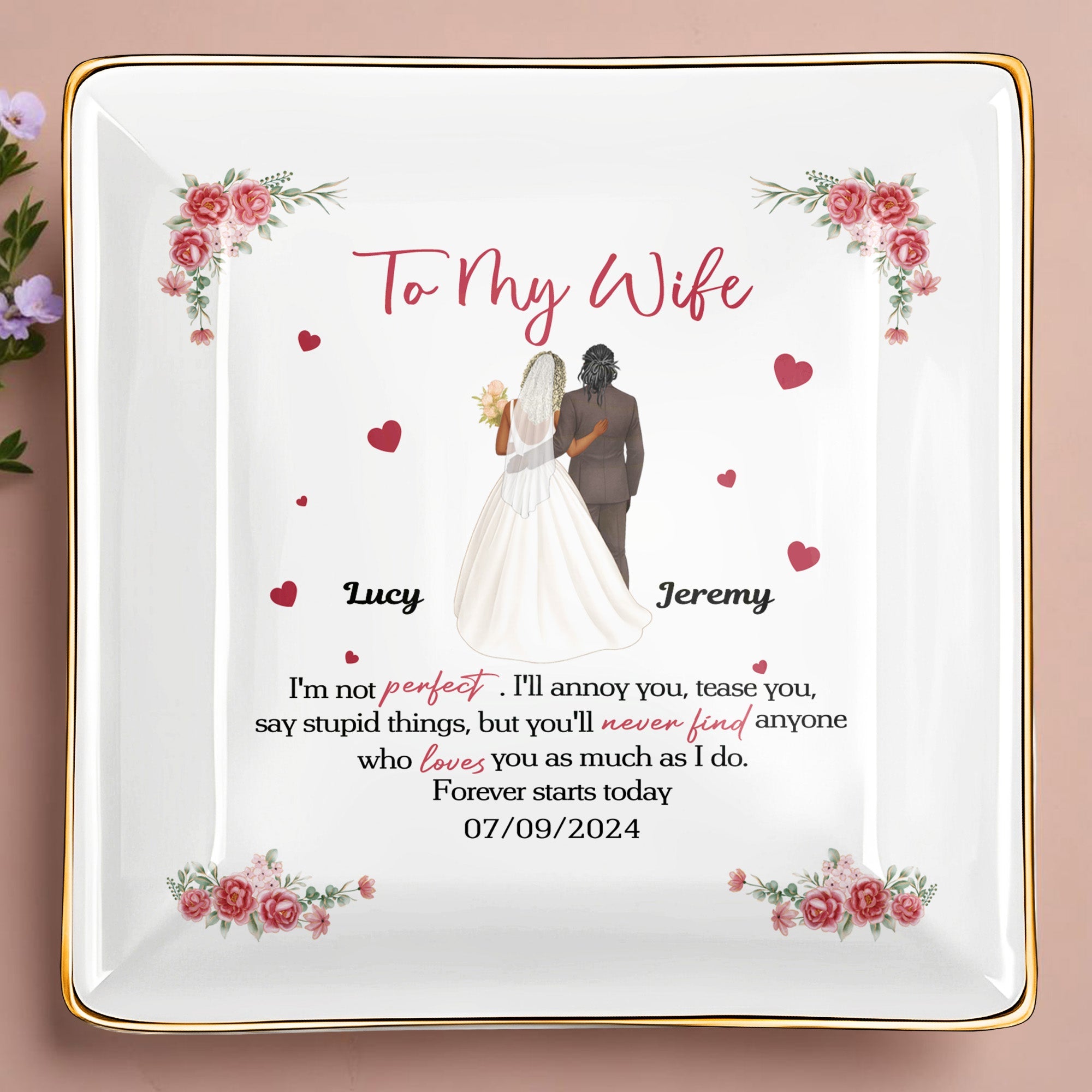 To My Wife, Flowers And Hearts - Personalized Custom Jewelry Dish, Ceramic Dish, Square Shape - CPL464_SCRF