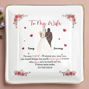 To My Wife, Flowers And Hearts - Personalized Custom Jewelry Dish, Ceramic Dish, Square Shape - CPL464_SCRF