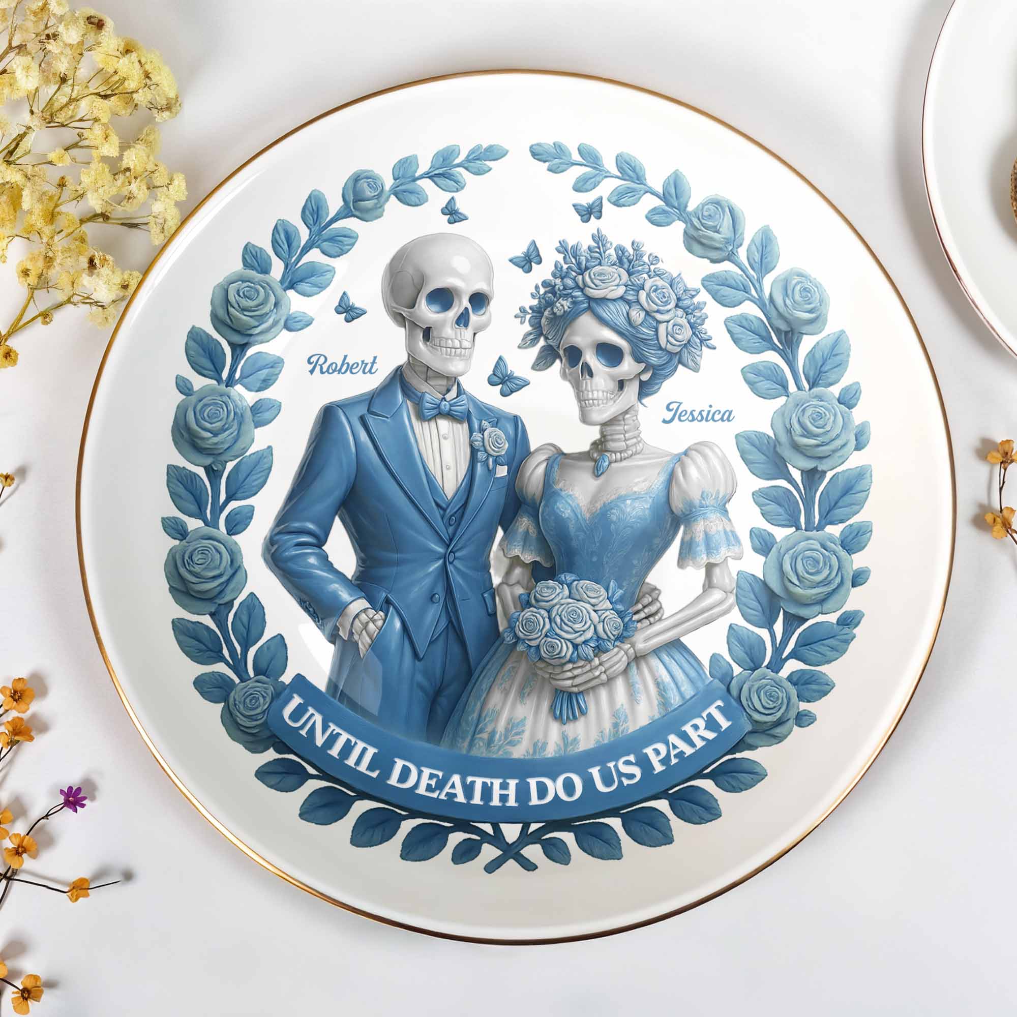 Until Death Do Us Part With Skulls And Roses - Personalized Custom Jewelry Dish, Ceramic Dish, Round Shape - CPL506_RCRF