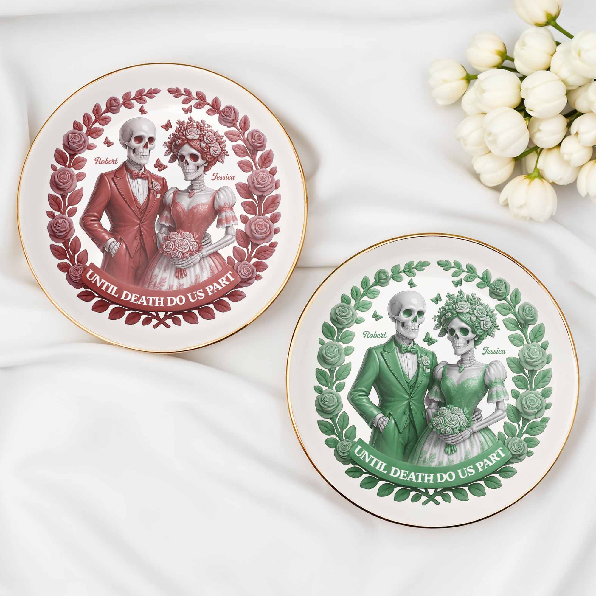Until Death Do Us Part With Skulls And Roses - Personalized Custom Jewelry Dish, Ceramic Dish, Round Shape - CPL506_RCRF